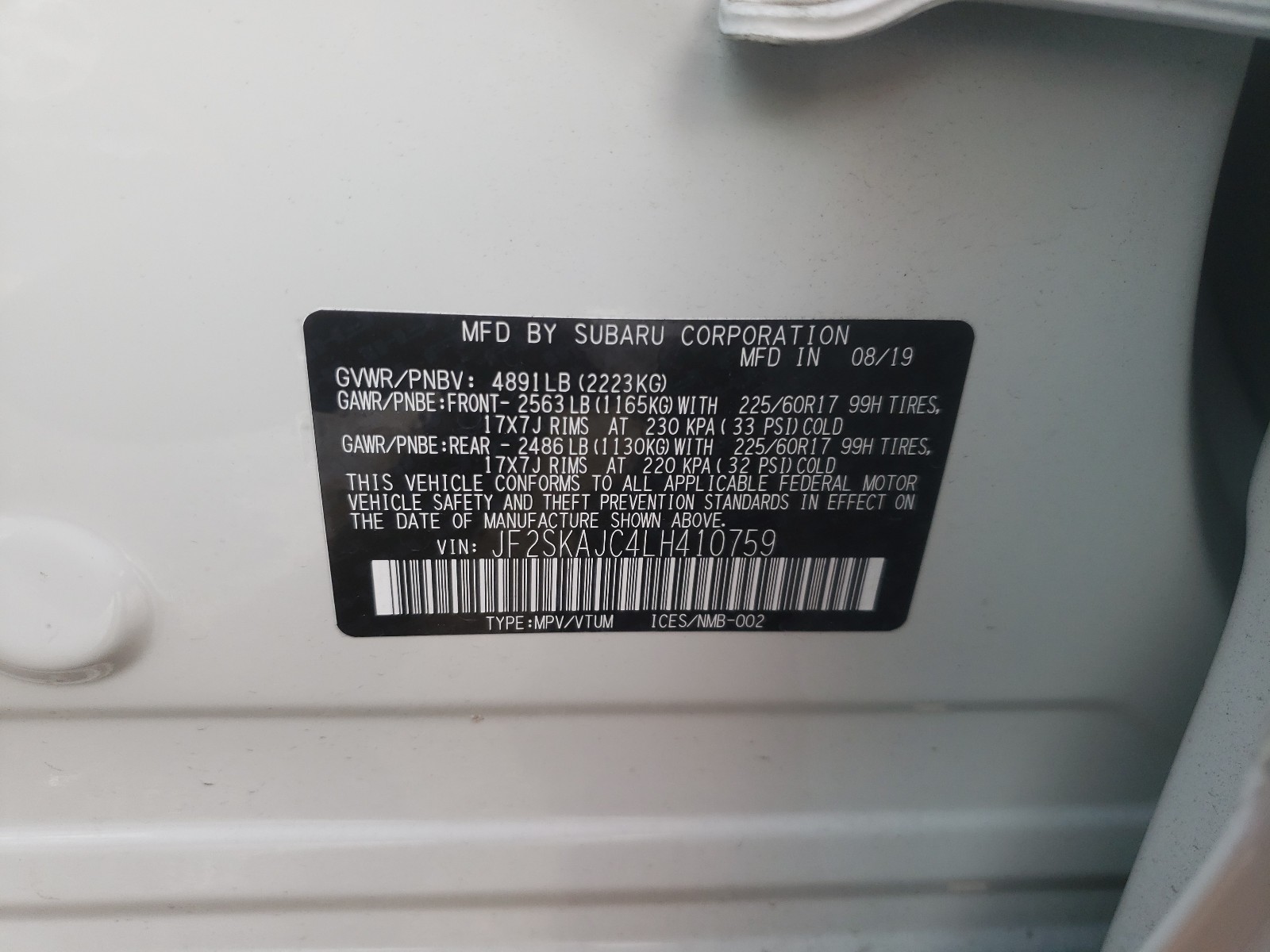 Photo 10 from auction – 2020 SUBARU FORESTER P with VIN JF2SKAJC4LH410759