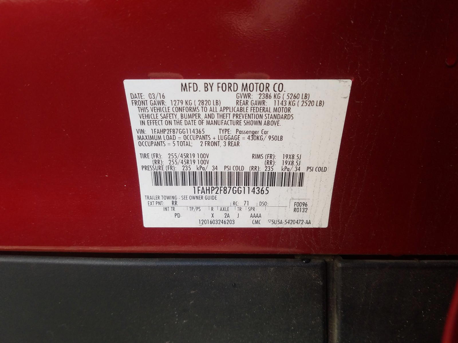 Photo 10 from auction – 2016 FORD TAURUS LIM with VIN 1FAHP2F87GG114365