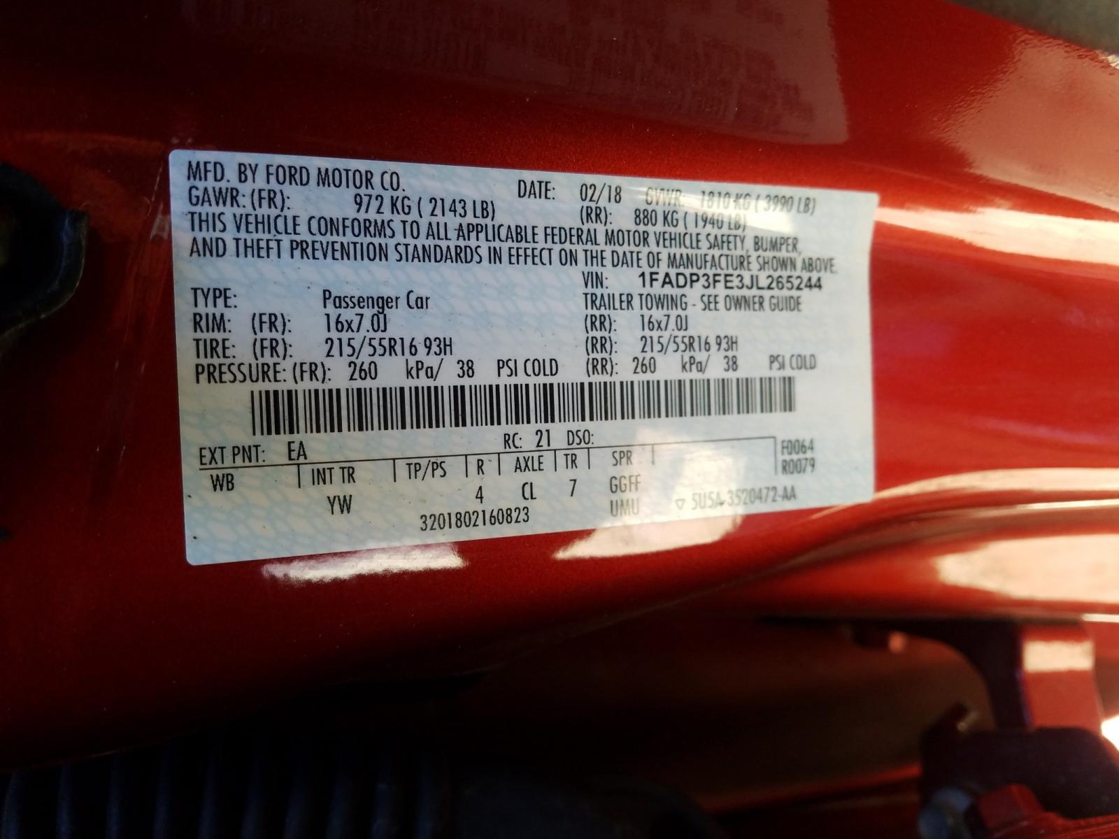 Photo 10 from auction – 2018 FORD FOCUS SE with VIN 1FADP3FE3JL265244