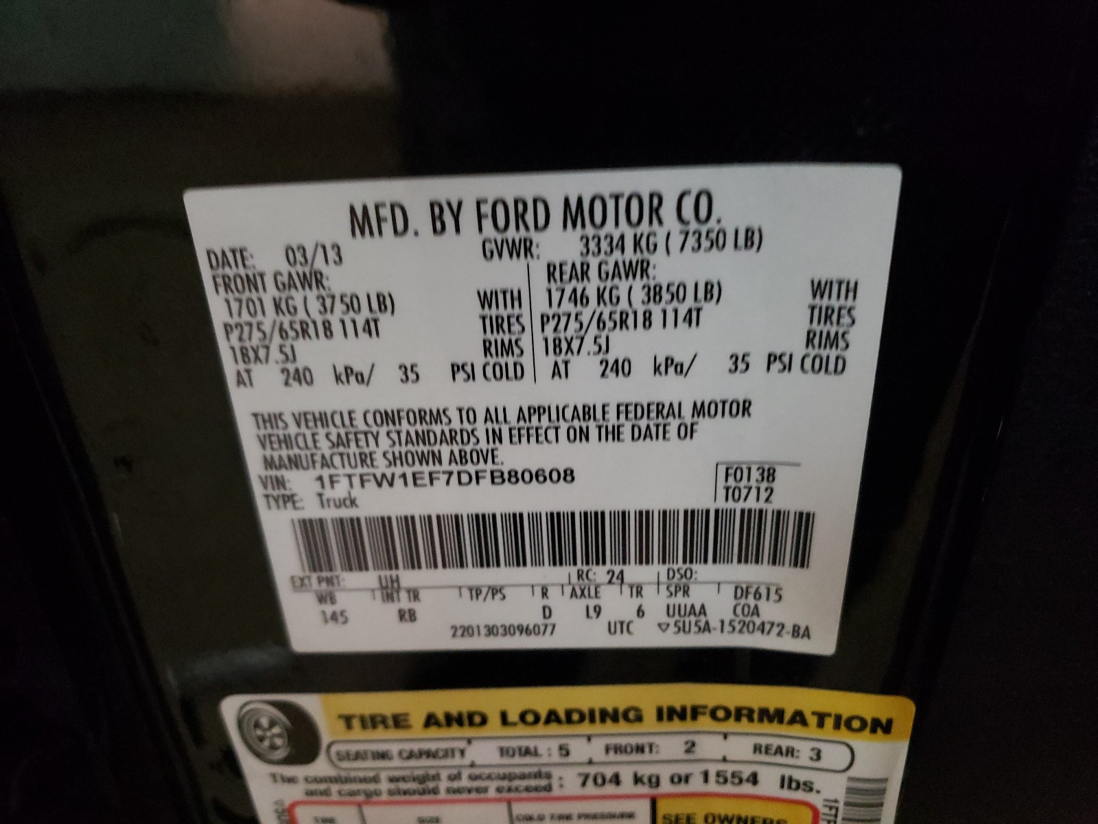 Photo 10 from auction – 2013 FORD F150 SUPER with VIN 1FTFW1EF7DFB80608