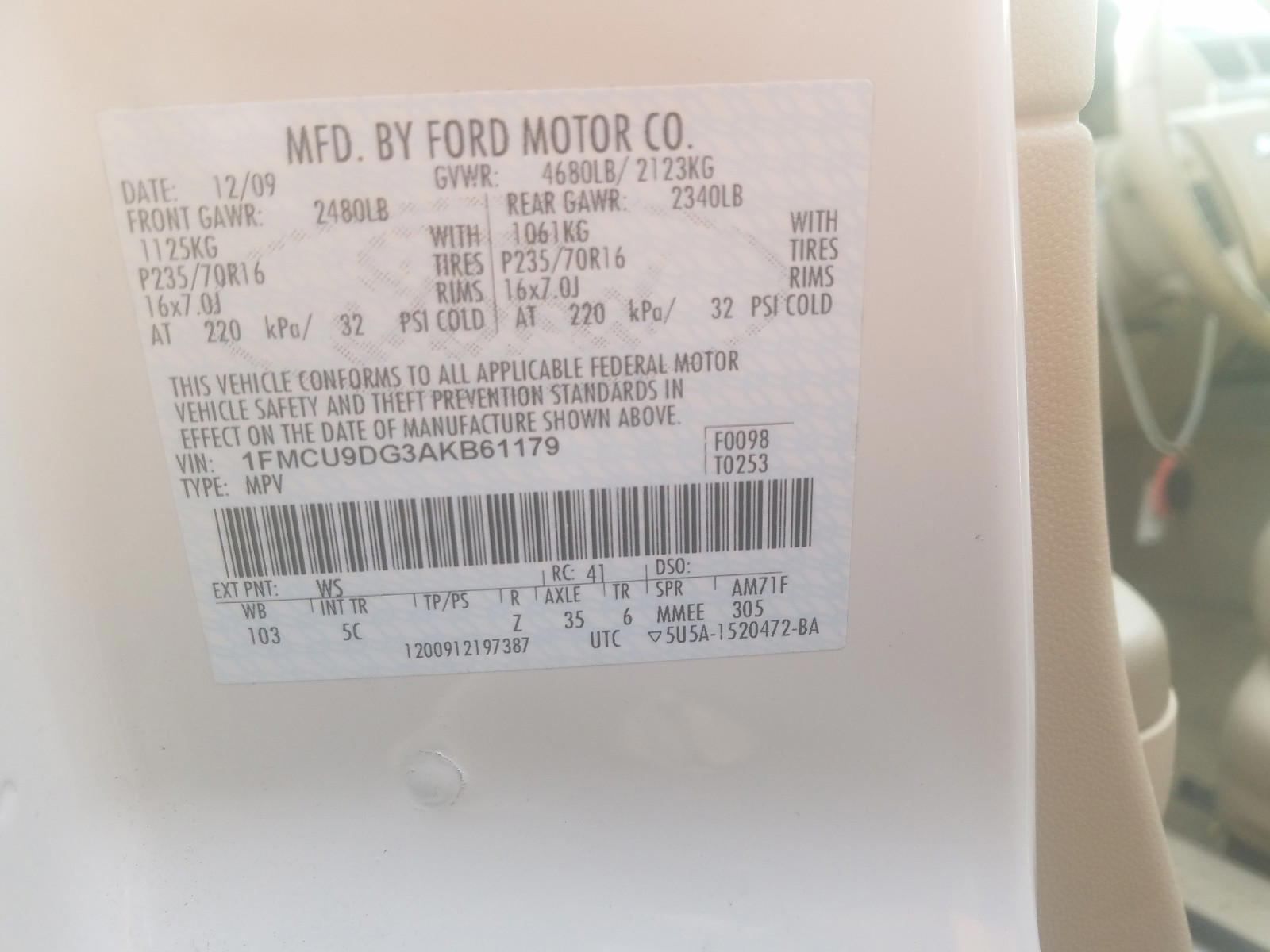 Photo 10 from auction – 2010 FORD ESCAPE XLT with VIN 1FMCU9DG3AKB61179