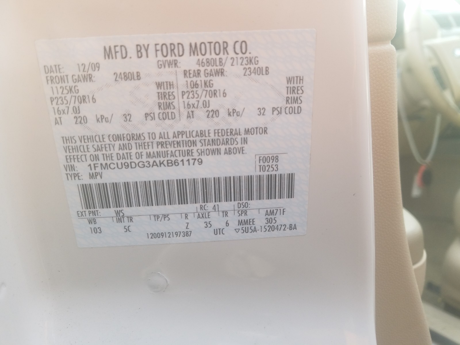 Zdjęcie 10 z aukcji – 2010 FORD ESCAPE XLT z VIN 1FMCU9DG3AKB61179