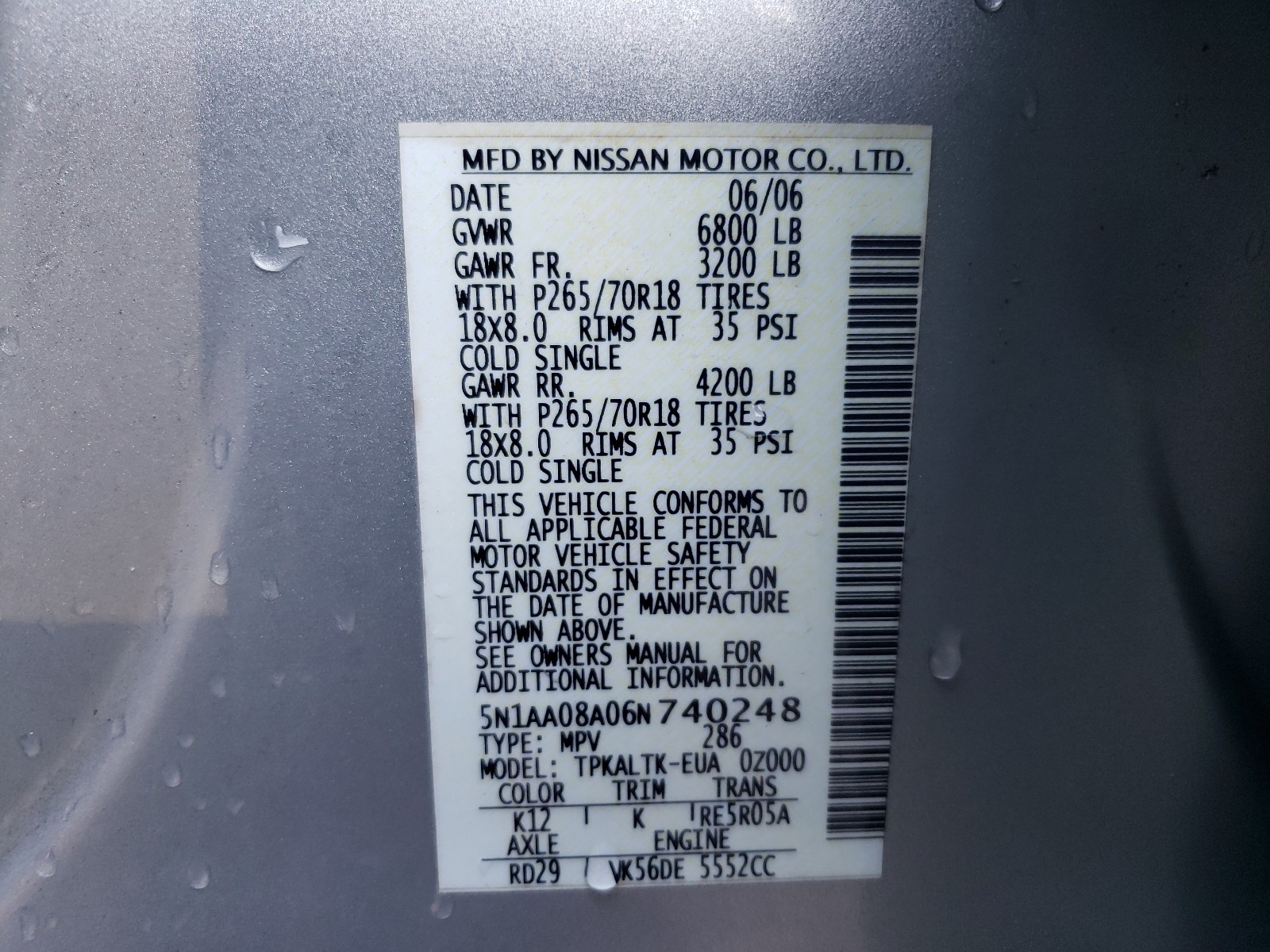 Photo 10 from auction – 2006 NISSAN ARMADA SE with VIN 5N1AA08A06N740248