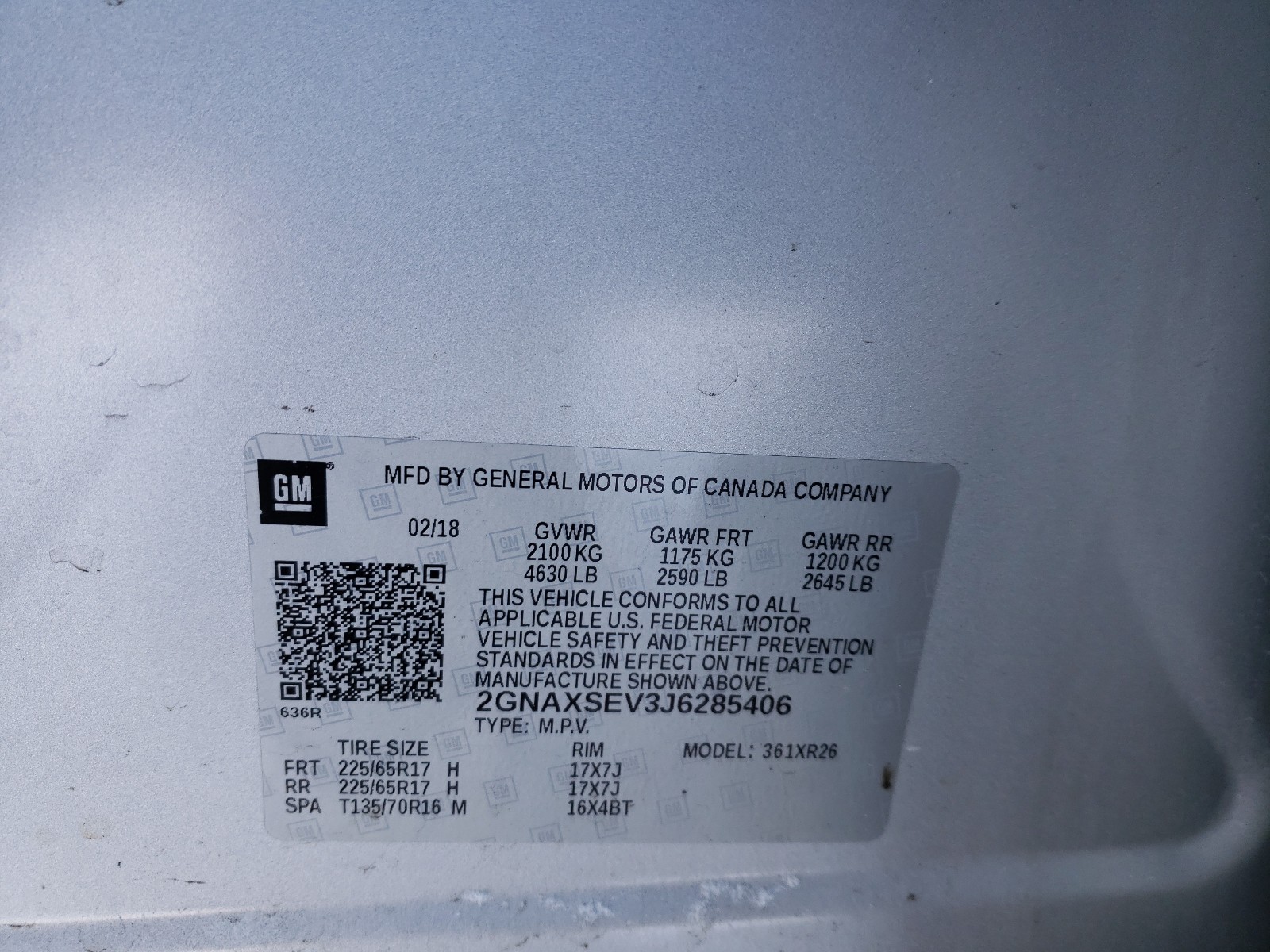 Photo 10 from auction – 2018 CHEVROLET EQUINOX LT with VIN 2GNAXSEV3J6285406