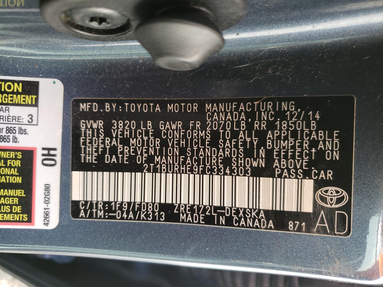 Photo 10 from auction – 2015 TOYOTA COROLLA L with VIN 2T1BURHE9FC334303