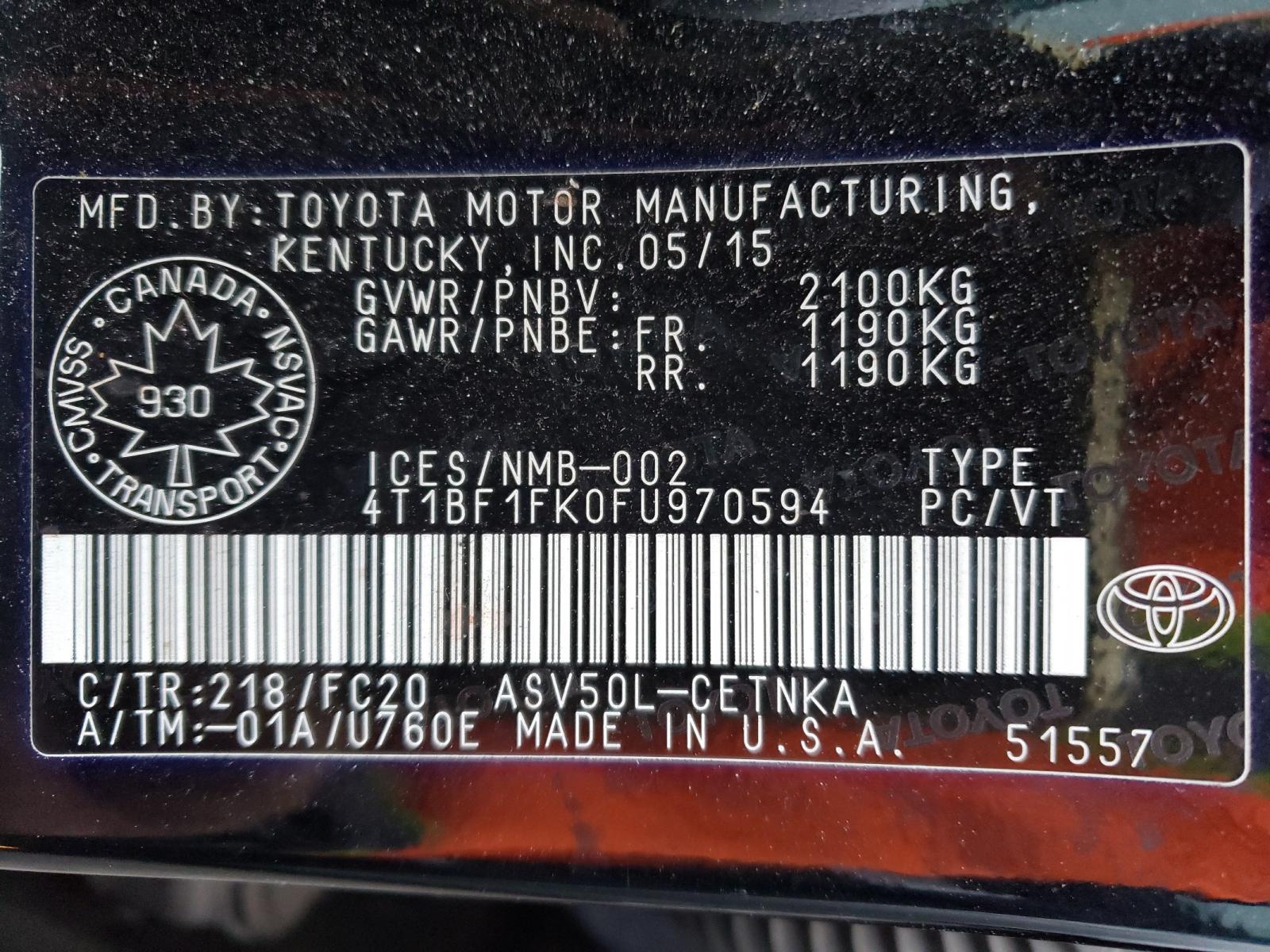 Photo 10 from auction – 2015 TOYOTA CAMRY LE with VIN 4T1BF1FK0FU970594