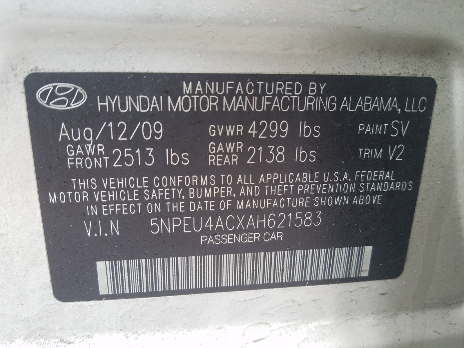 Photo 10 from auction – 2010 HYUNDAI SONATA SE with VIN 5NPEU4ACXAH621583