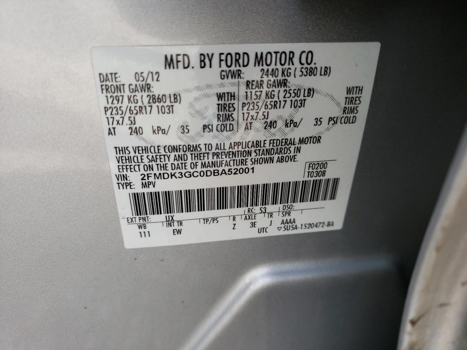 Photo 10 from auction – 2013 FORD EDGE SE with VIN 2FMDK3GC0DBA52001