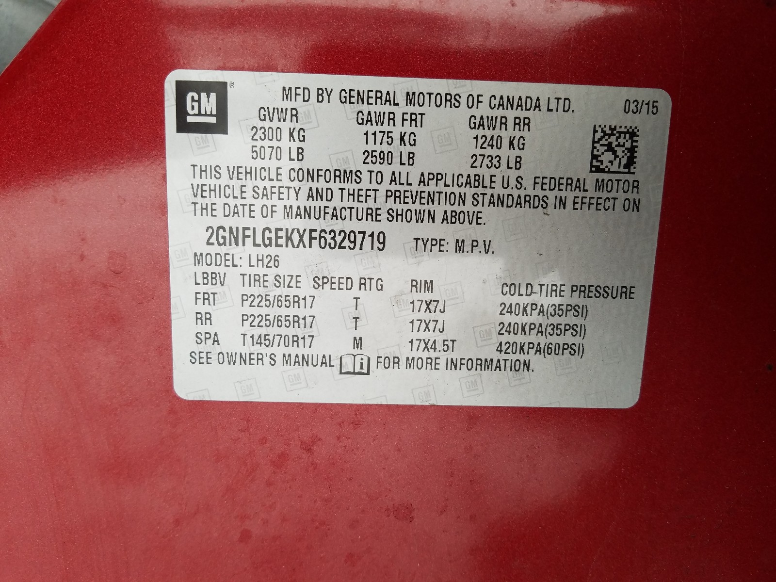 Photo 10 from auction – 2015 CHEVROLET EQUINOX LT with VIN 2GNFLGEKXF6329719