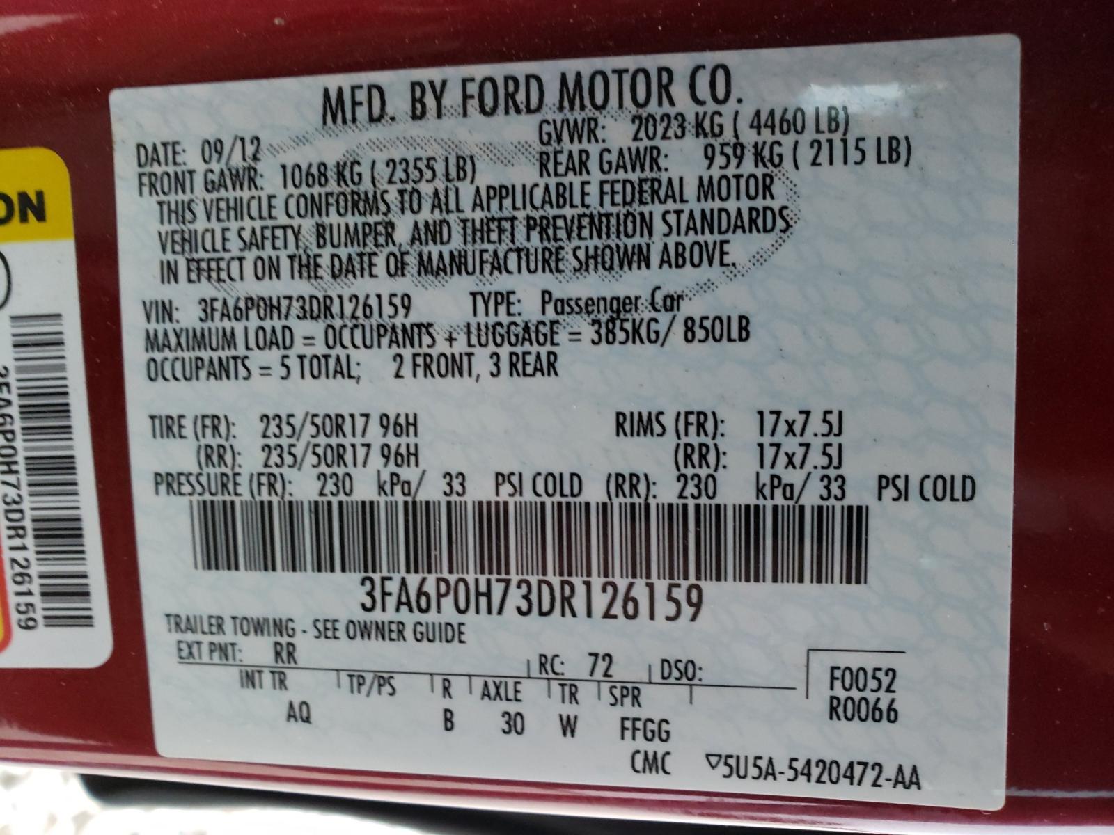 Photo 10 from auction – 2013 FORD FUSION SE with VIN 3FA6P0H73DR126159