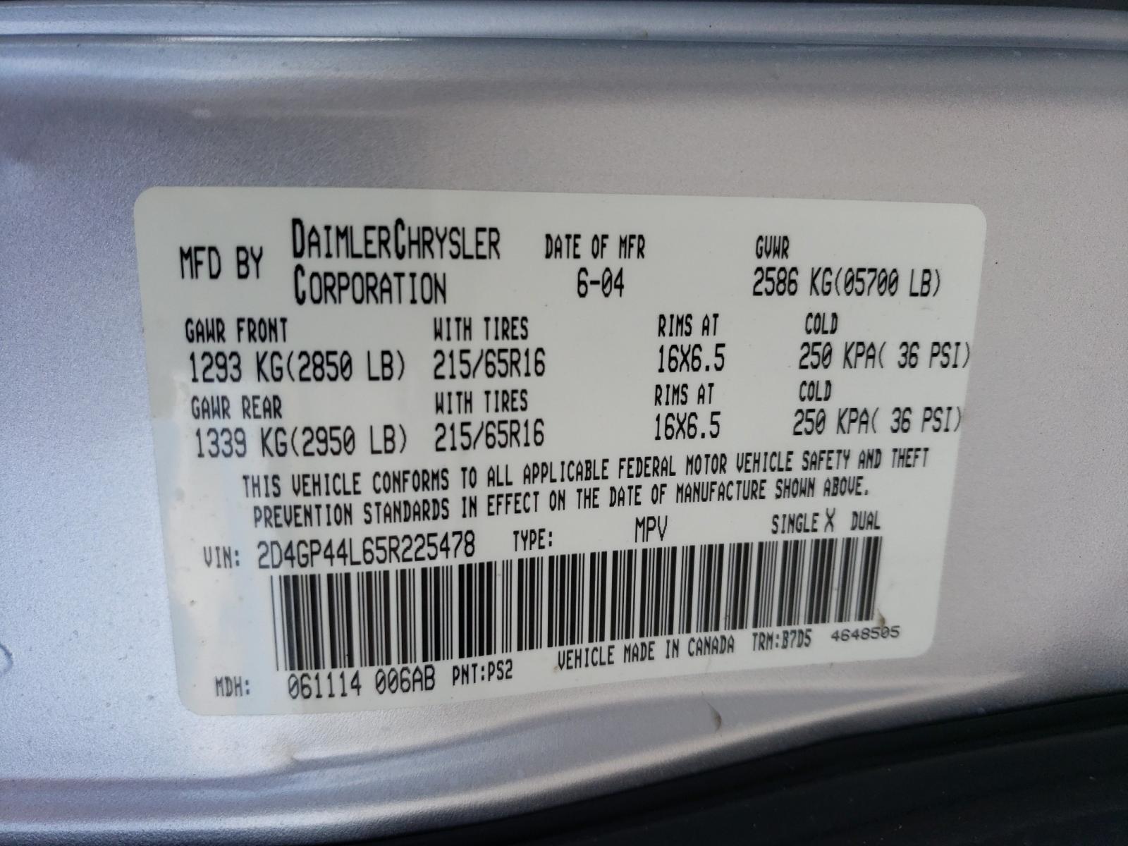 Photo 10 from auction – 2005 DODGE GRAND CARA with VIN 2D4GP44L65R225478