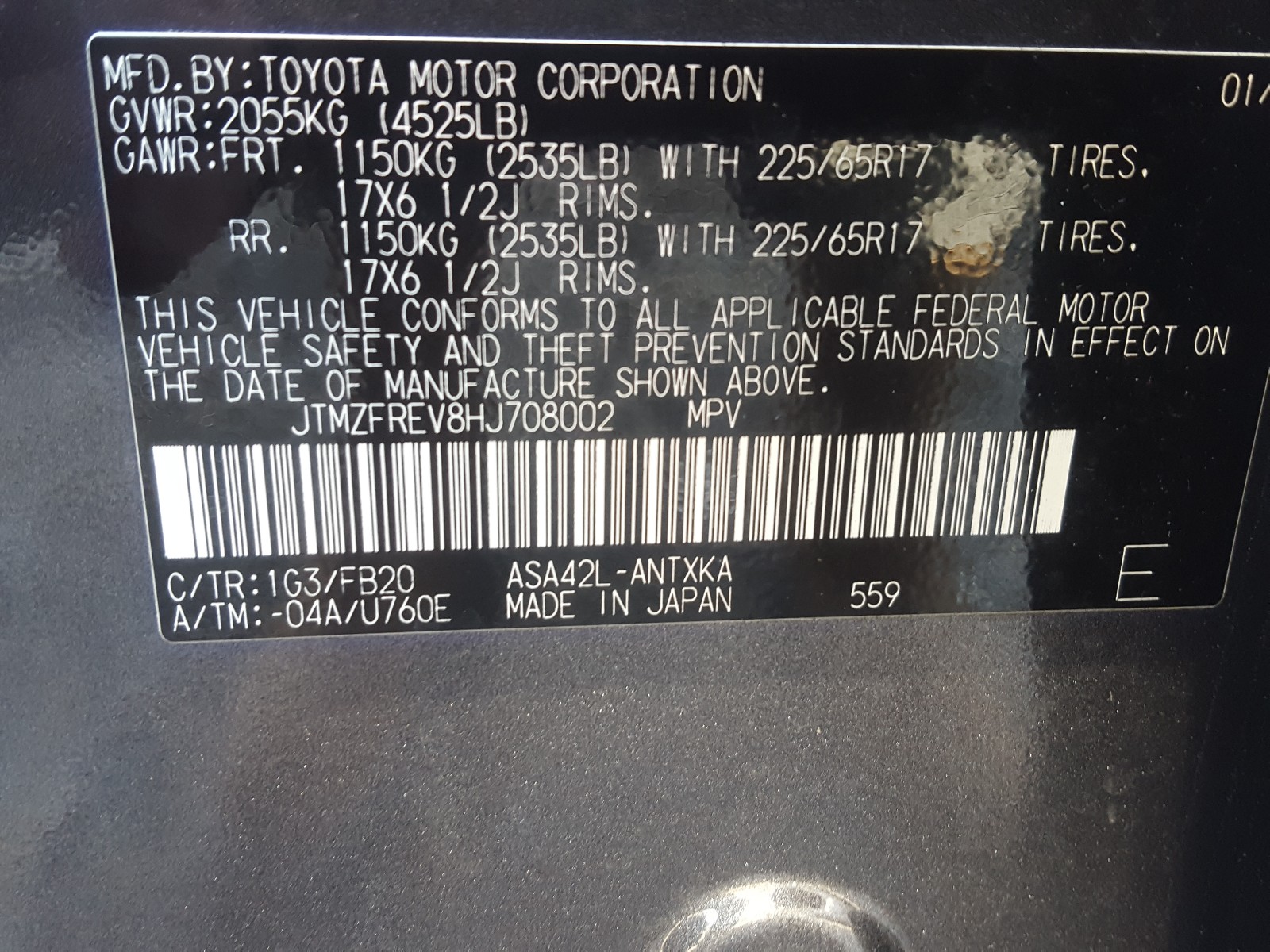 Photo 10 from auction – 2017 TOYOTA RAV4 LE with VIN JTMZFREV8HJ708002