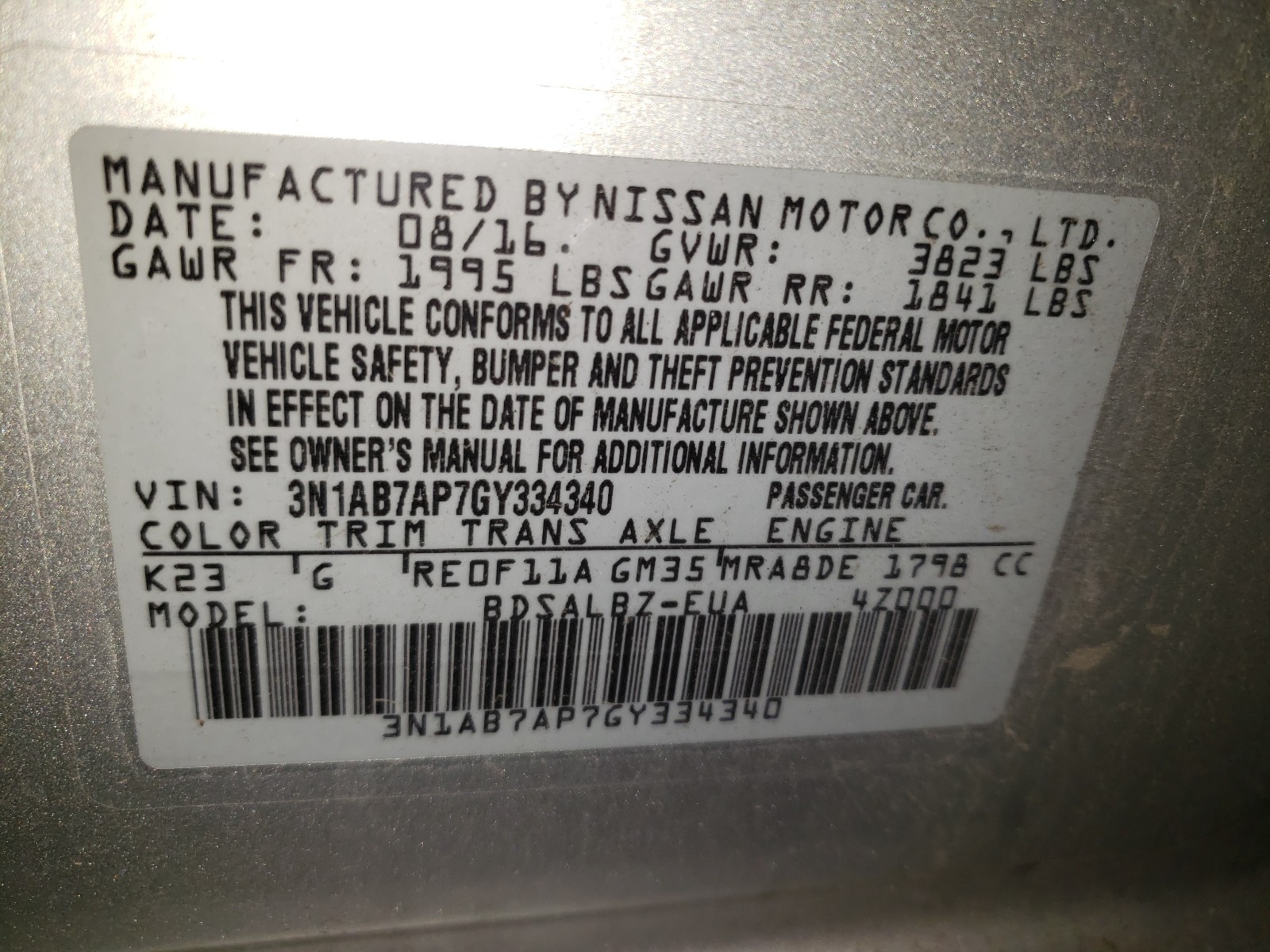 Photo 10 from auction – 2016 NISSAN SENTRA S with VIN 3N1AB7AP7GY334340