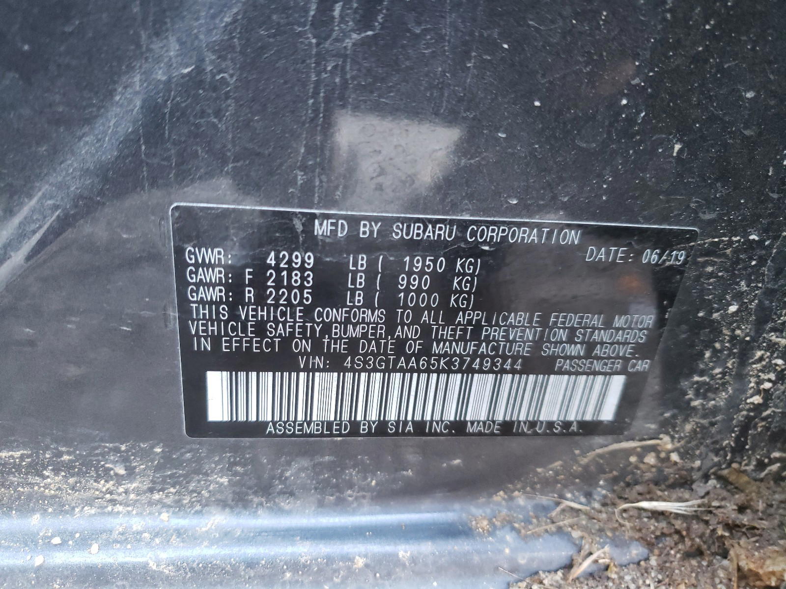 Photo 10 from auction – 2019 SUBARU IMPREZA with VIN 4S3GTAA65K3749344