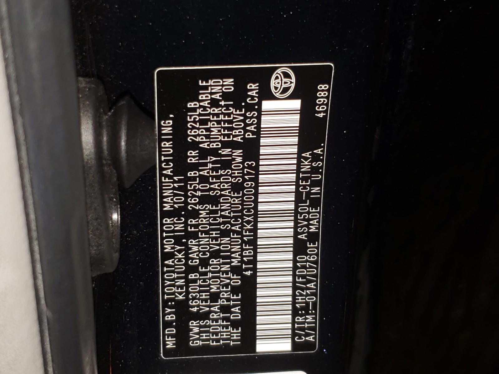 Photo 10 from auction – 2012 TOYOTA CAMRY BASE with VIN 4T1BF1FKXCU009173