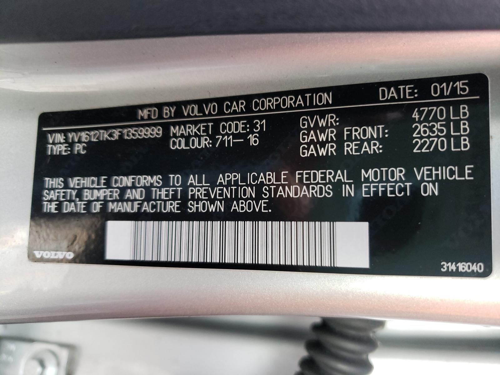 Photo 10 from auction – 2015 VOLVO S60 PREMIE with VIN YV1612TK3F1359999