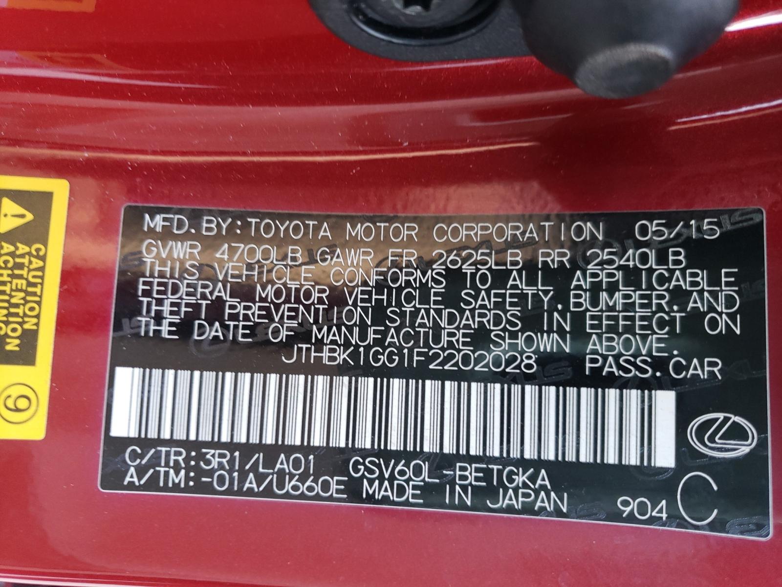 Photo 10 from auction – 2015 LEXUS ES 350 with VIN JTHBK1GG1F2202028