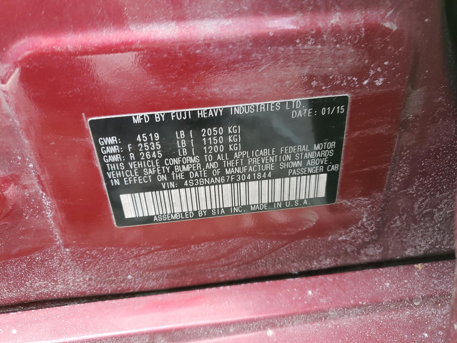Photo 10 from auction – 2015 SUBARU LEGACY 2.5 with VIN 4S3BNAN67F3041844