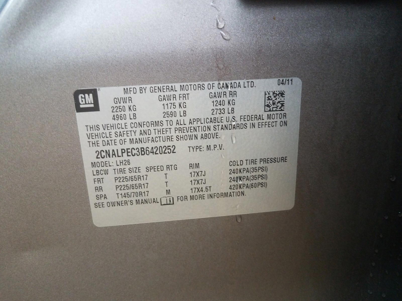 Photo 10 from auction – 2011 CHEVROLET EQUINOX LT with VIN 2CNALPEC3B6420252