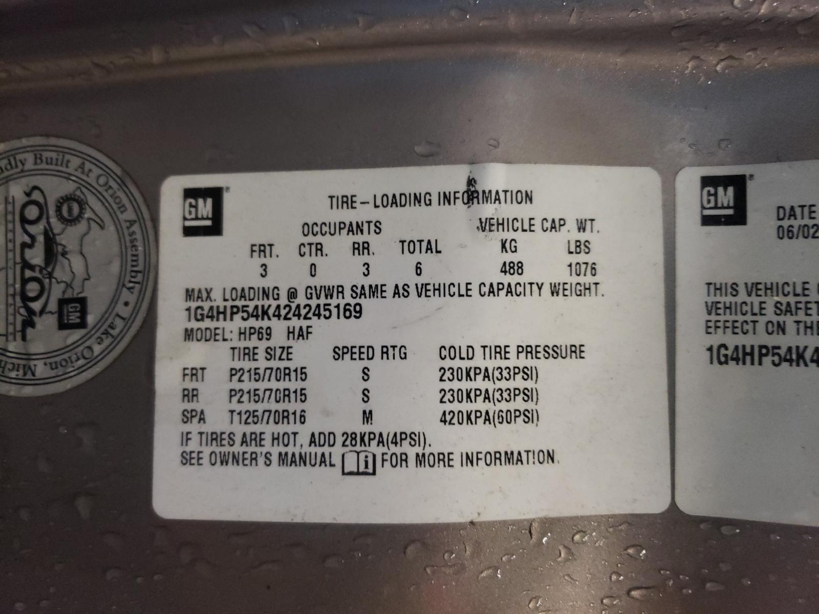 Photo 10 from auction – 2002 BUICK LESABRE CU with VIN 1G4HP54K424245169
