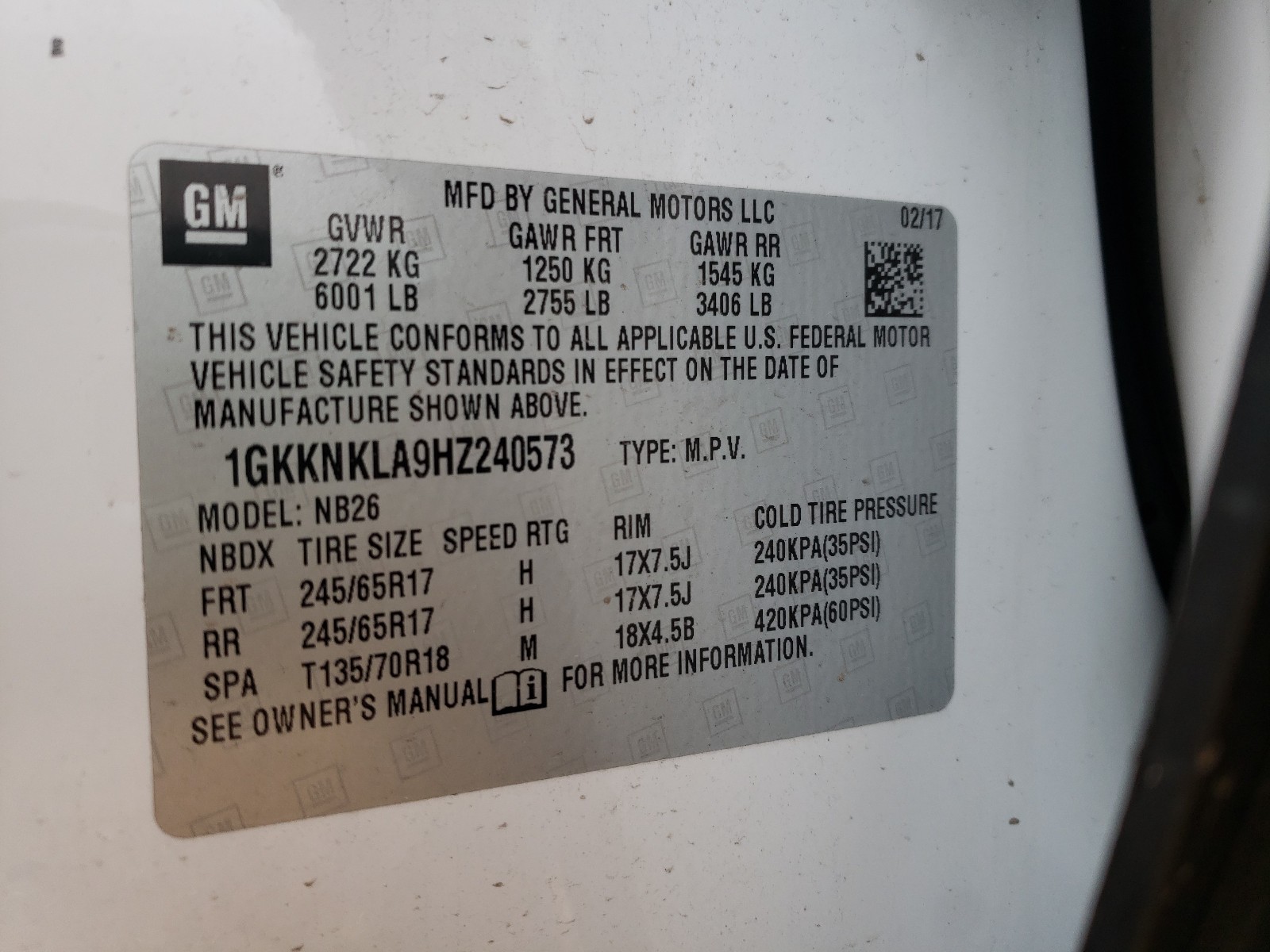 Photo 10 from auction – 2017 GMC ACADIA SLE with VIN 1GKKNKLA9HZ240573
