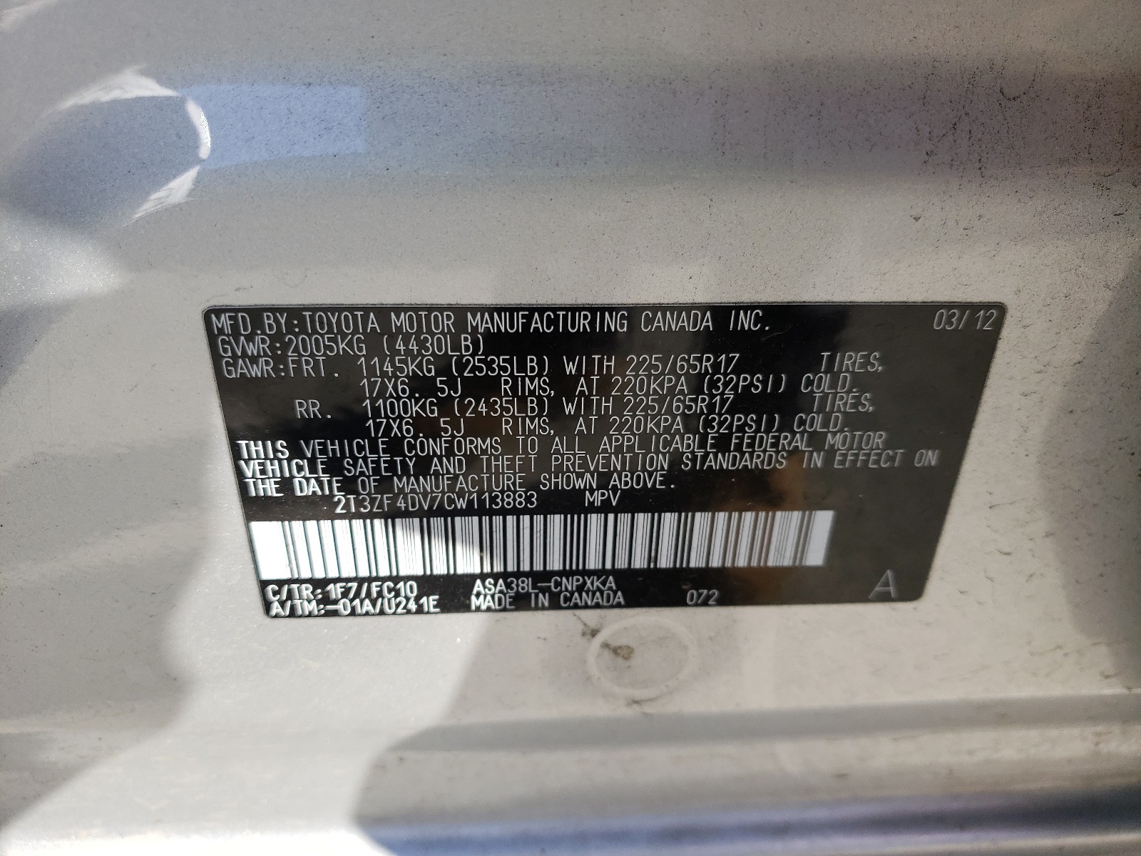 Фото 10 с аукциона – 2012 TOYOTA RAV4 с VIN 2T3ZF4DV7CW113883