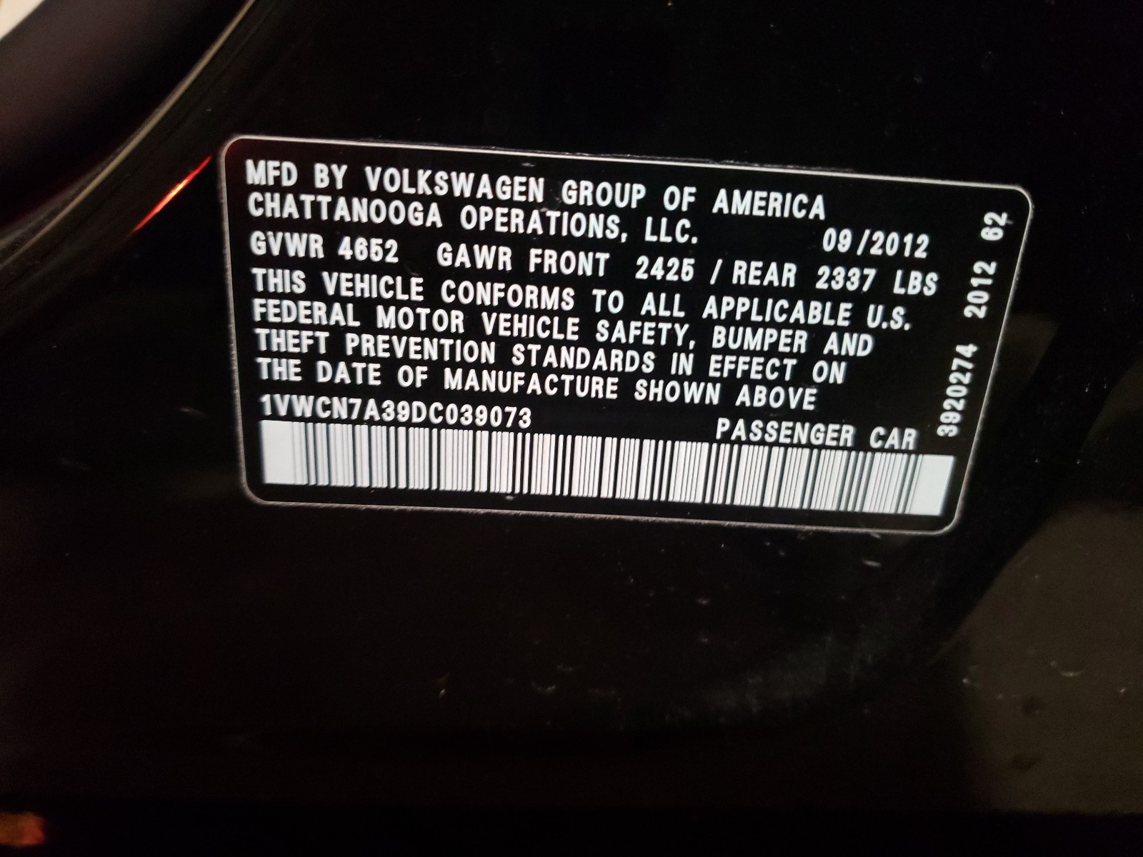 Photo 10 from auction – 2013 VOLKSWAGEN PASSAT SEL with VIN 1VWCN7A39DC039073
