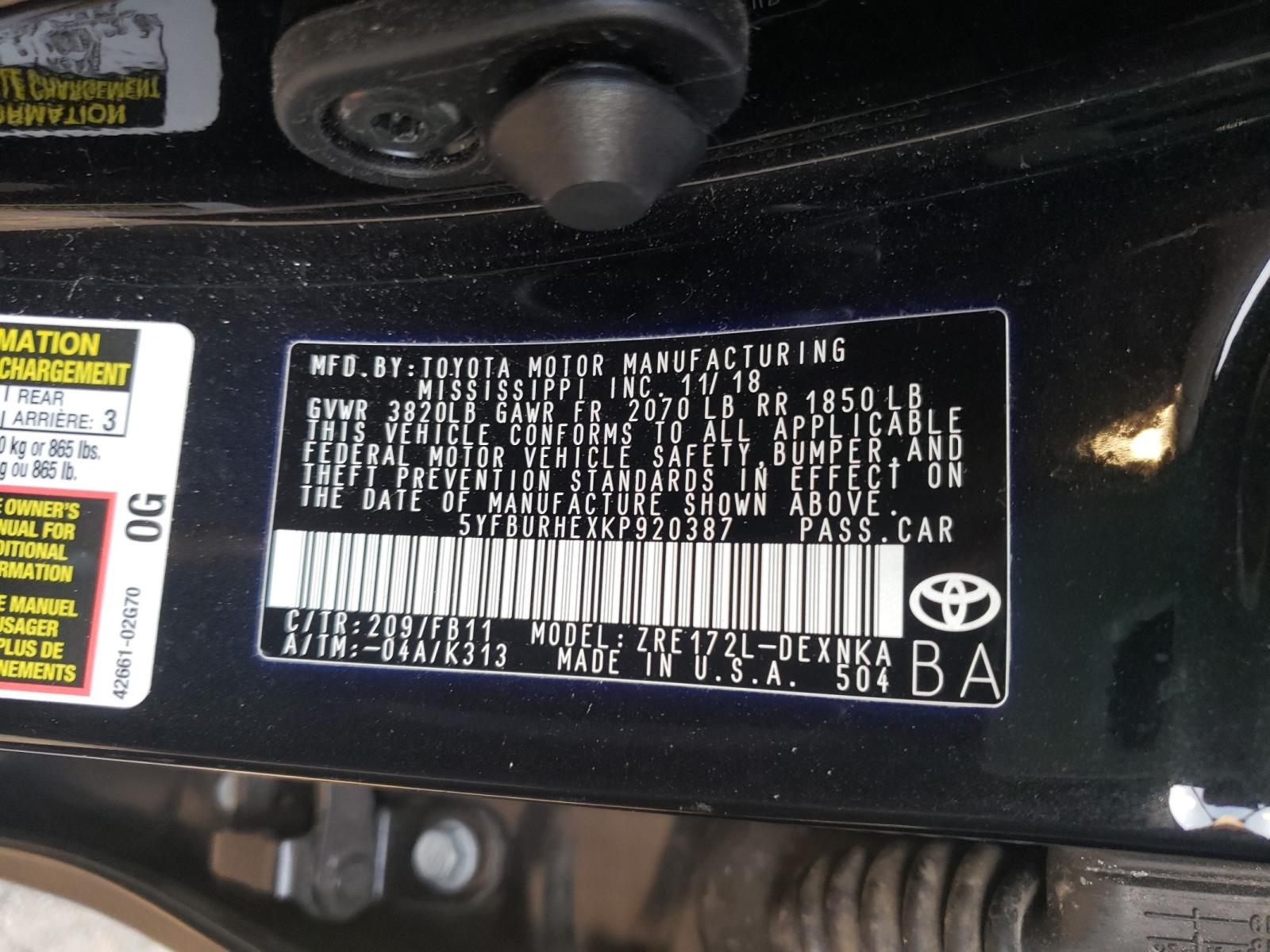 Photo 10 from auction – 2019 TOYOTA COROLLA L with VIN 5YFBURHEXKP920387