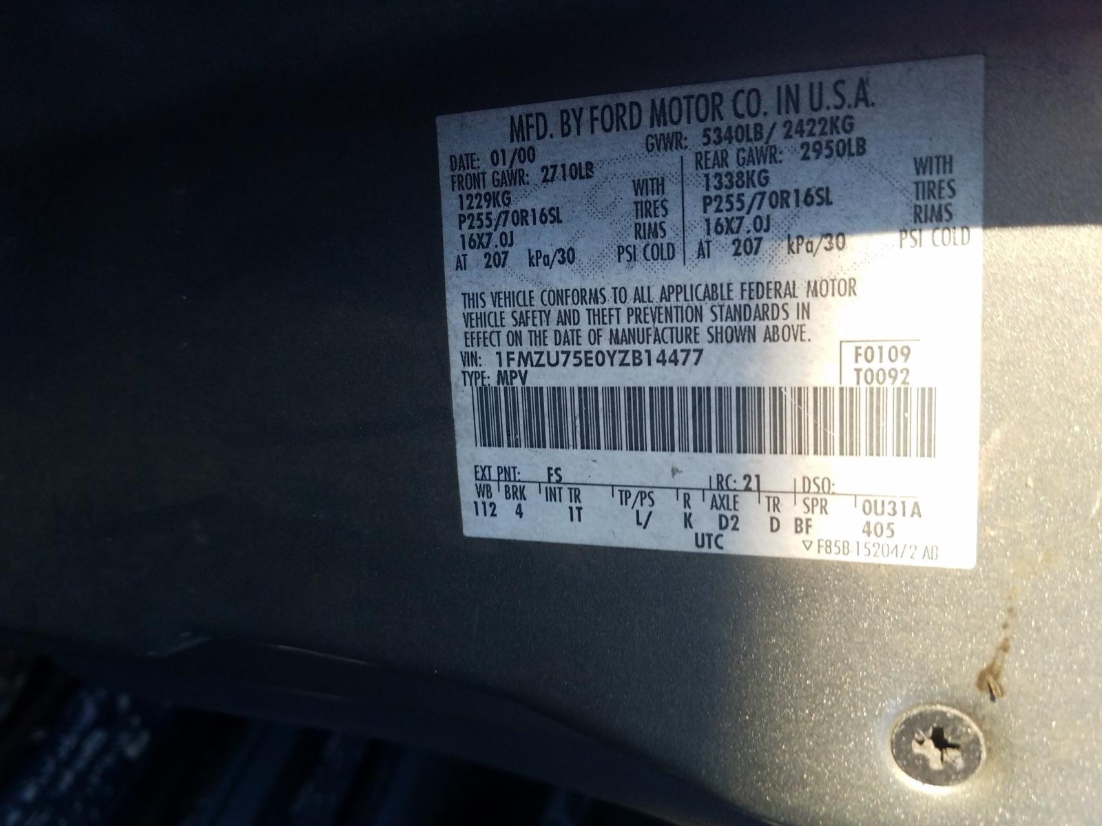 Photo 10 from auction – 2000 FORD EXPLORER L with VIN 1FMZU75E0YZB14477