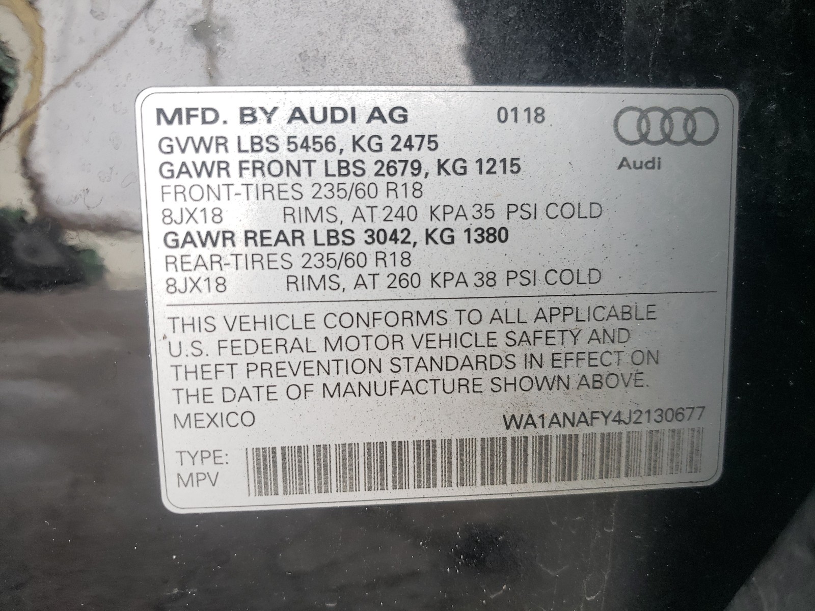 Photo 10 from auction – 2018 AUDI Q5 PREMIUM with VIN WA1ANAFY4J2130677