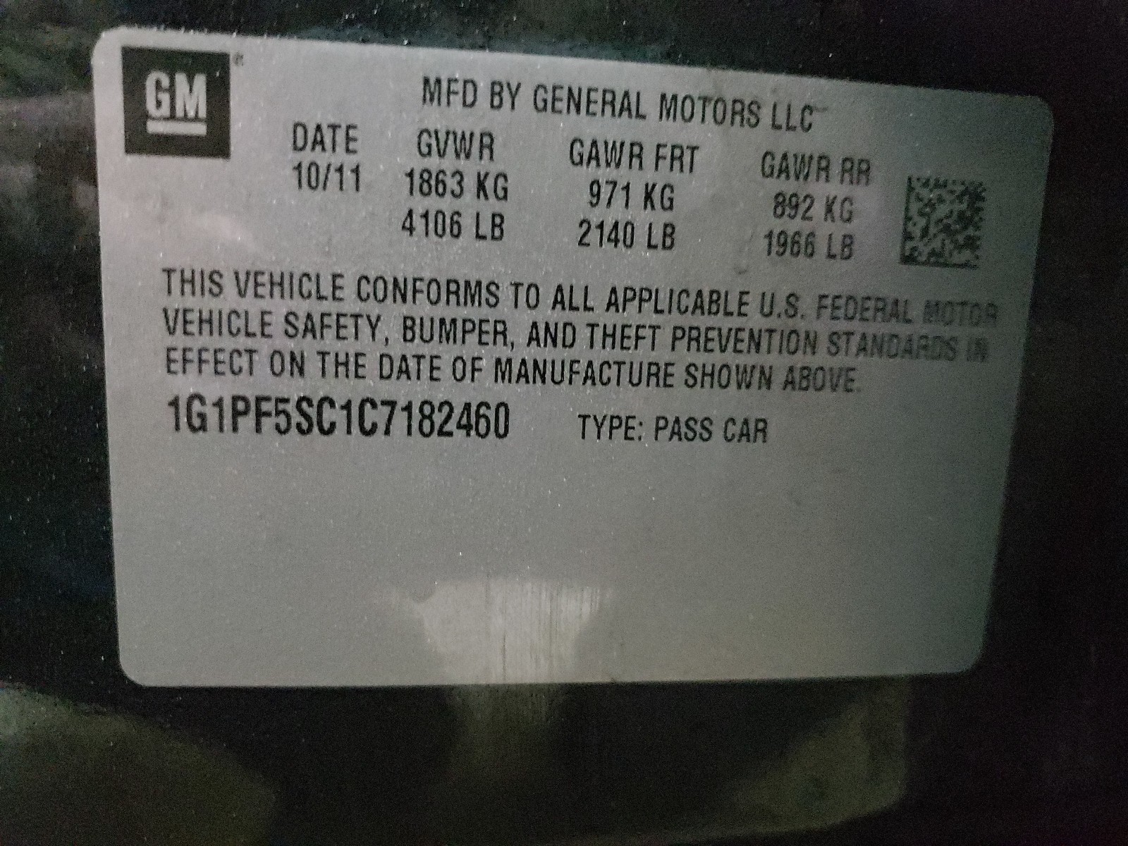 Photo 10 from auction – 2012 CHEVROLET CRUZE LT with VIN 1G1PF5SC1C7182460