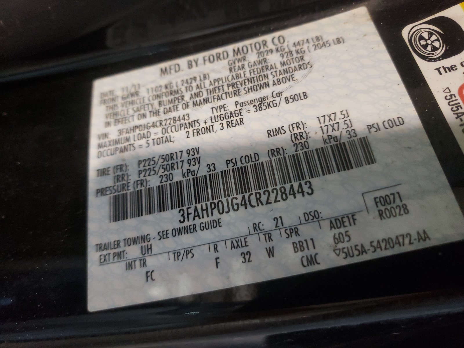 Photo 10 from auction – 2012 FORD FUSION with VIN 3FAHP0JG4CR228443