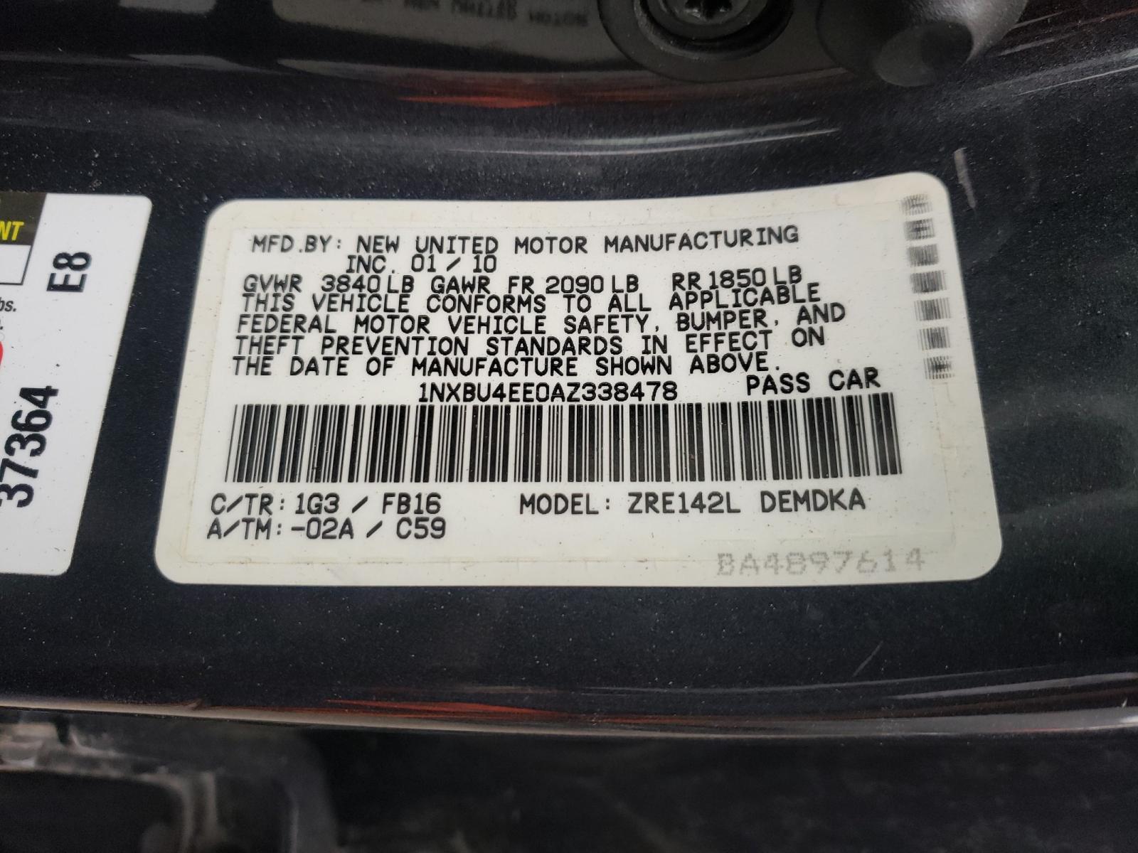 Photo 10 from auction – 2010 TOYOTA COROLLA BA with VIN 1NXBU4EE0AZ338478
