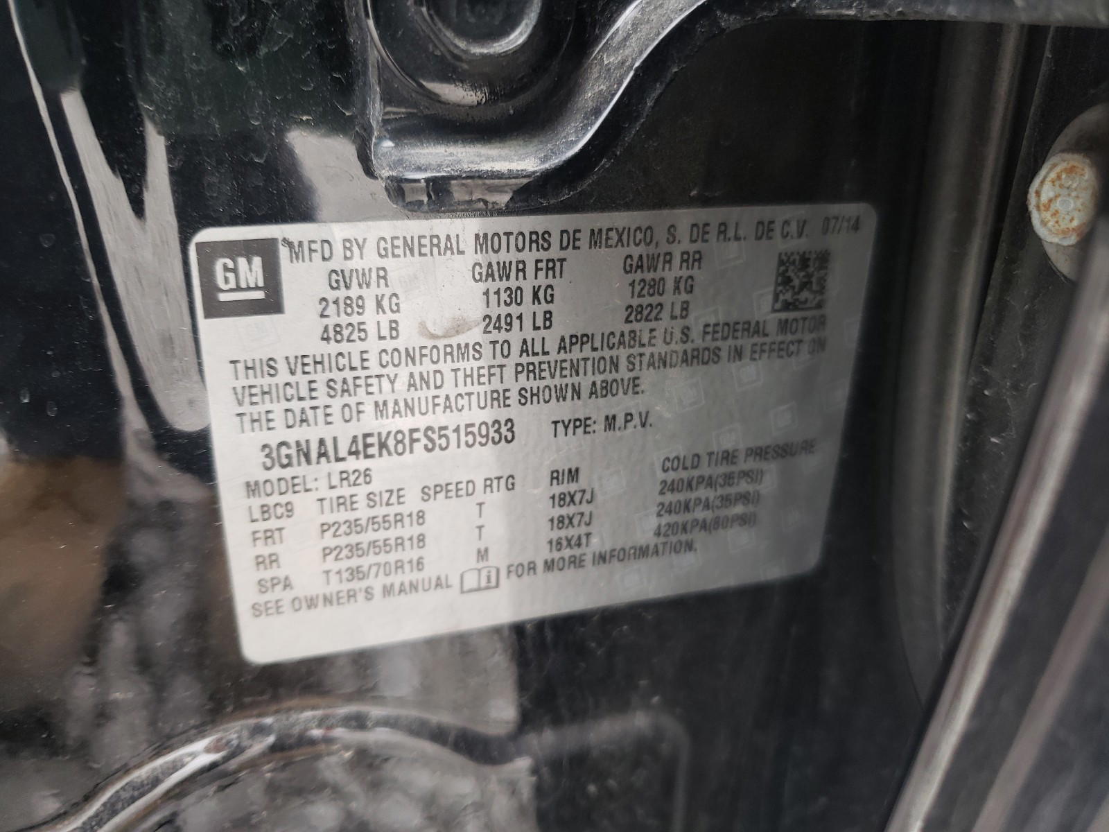 Photo 10 from auction – 2015 CHEVROLET CAPTIVA with VIN 3GNAL4EK8FS515933