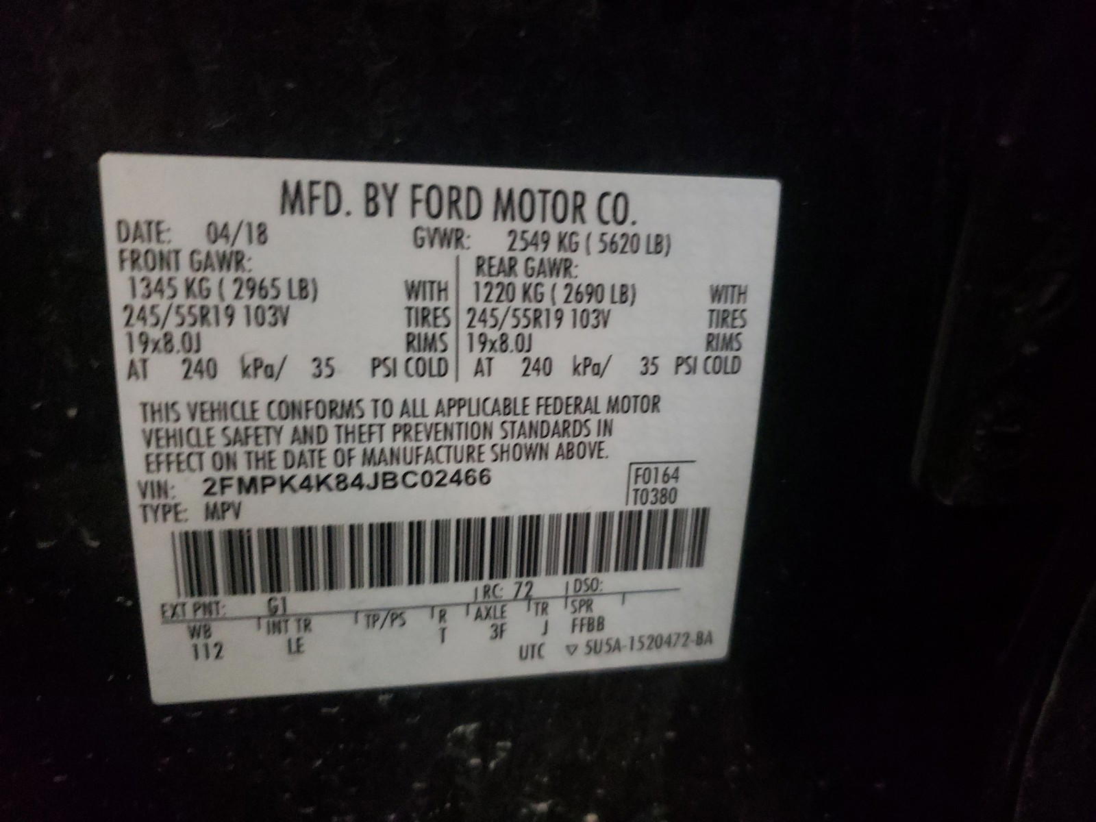 Photo 10 from auction – 2018 FORD EDGE TITAN with VIN 2FMPK4K84JBC02466