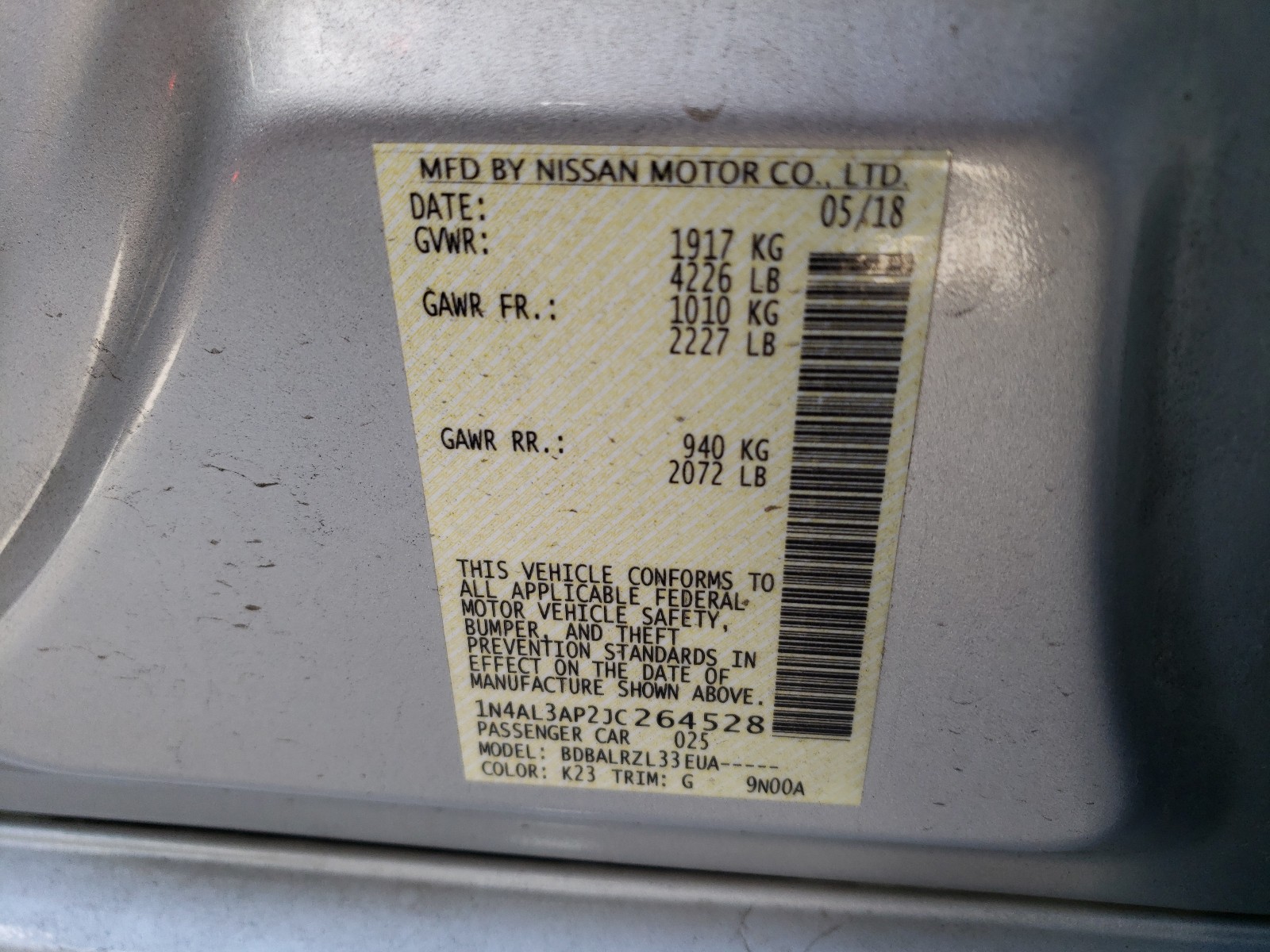 Photo 10 from auction – 2018 NISSAN ALTIMA 2.5 with VIN 1N4AL3AP2JC264528