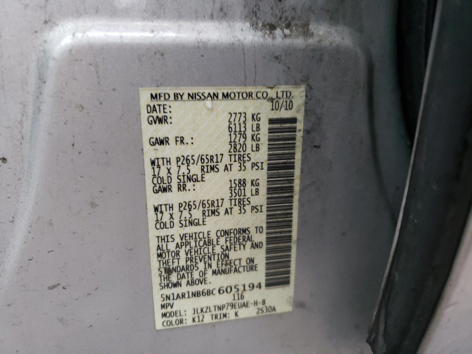 Photo 10 from auction – 2011 NISSAN PATHFINDER with VIN 5N1AR1NB6BC605194