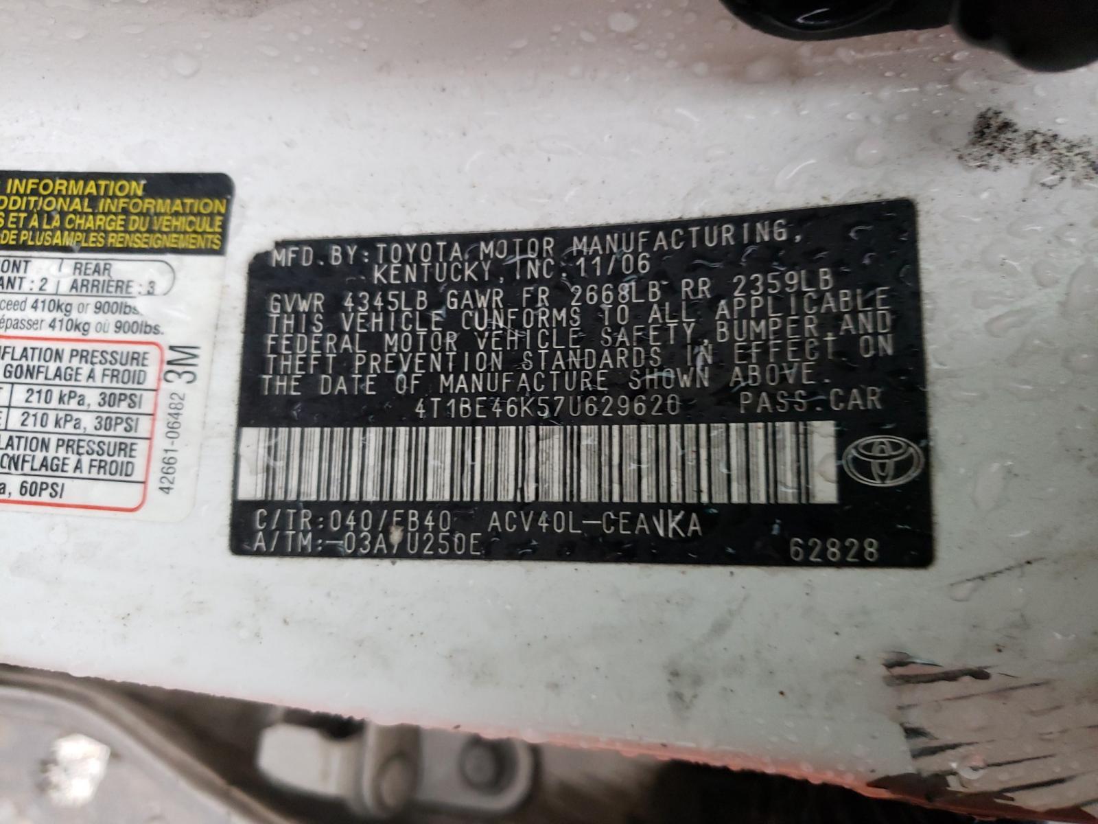 Photo 10 from auction – 2007 TOYOTA CAMRY CE with VIN 4T1BE46K57U629620
