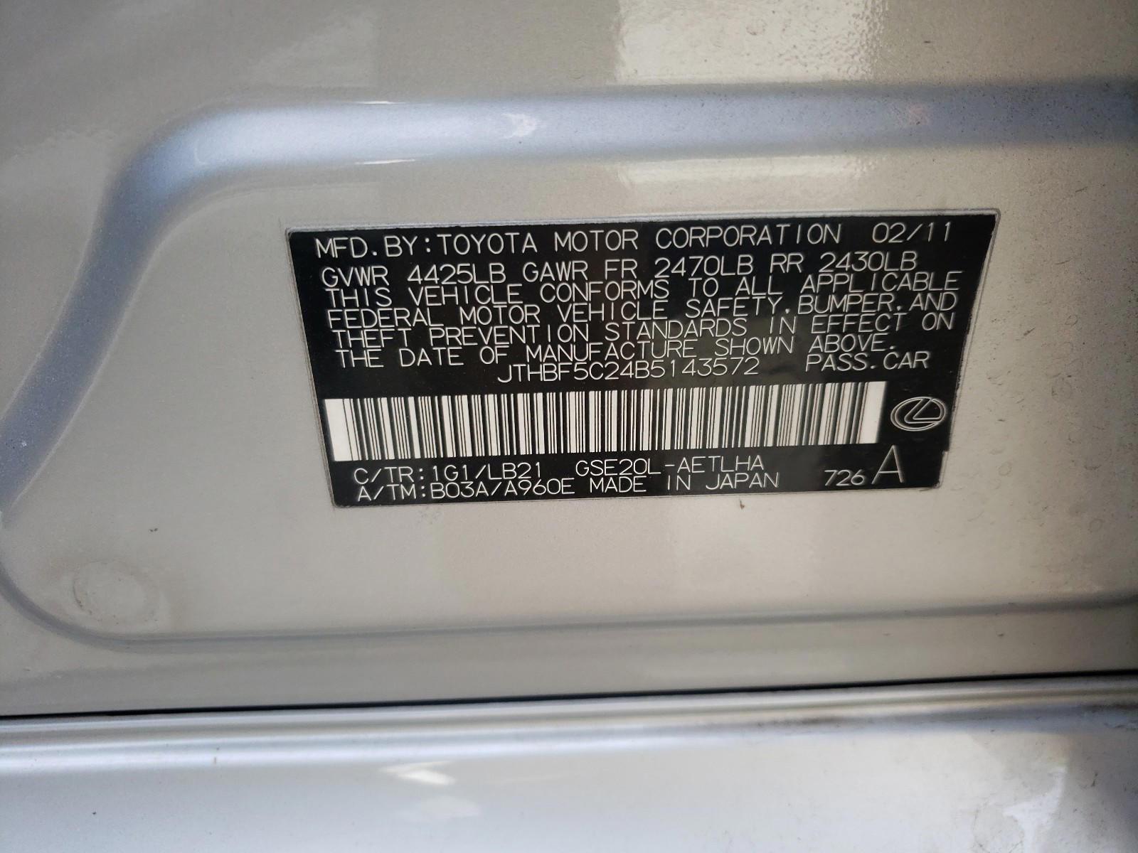 Photo 10 from auction – 2011 LEXUS IS 250 with VIN JTHBF5C24B5143572