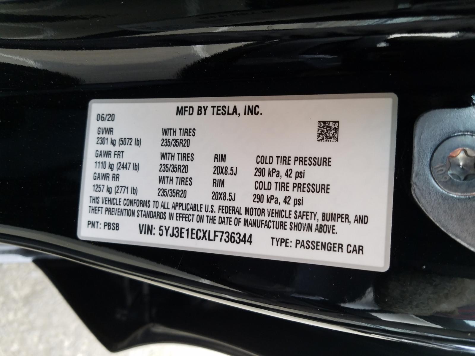Photo 10 from auction – 2020 TESLA MODEL 3 with VIN 5YJ3E1ECXLF736344