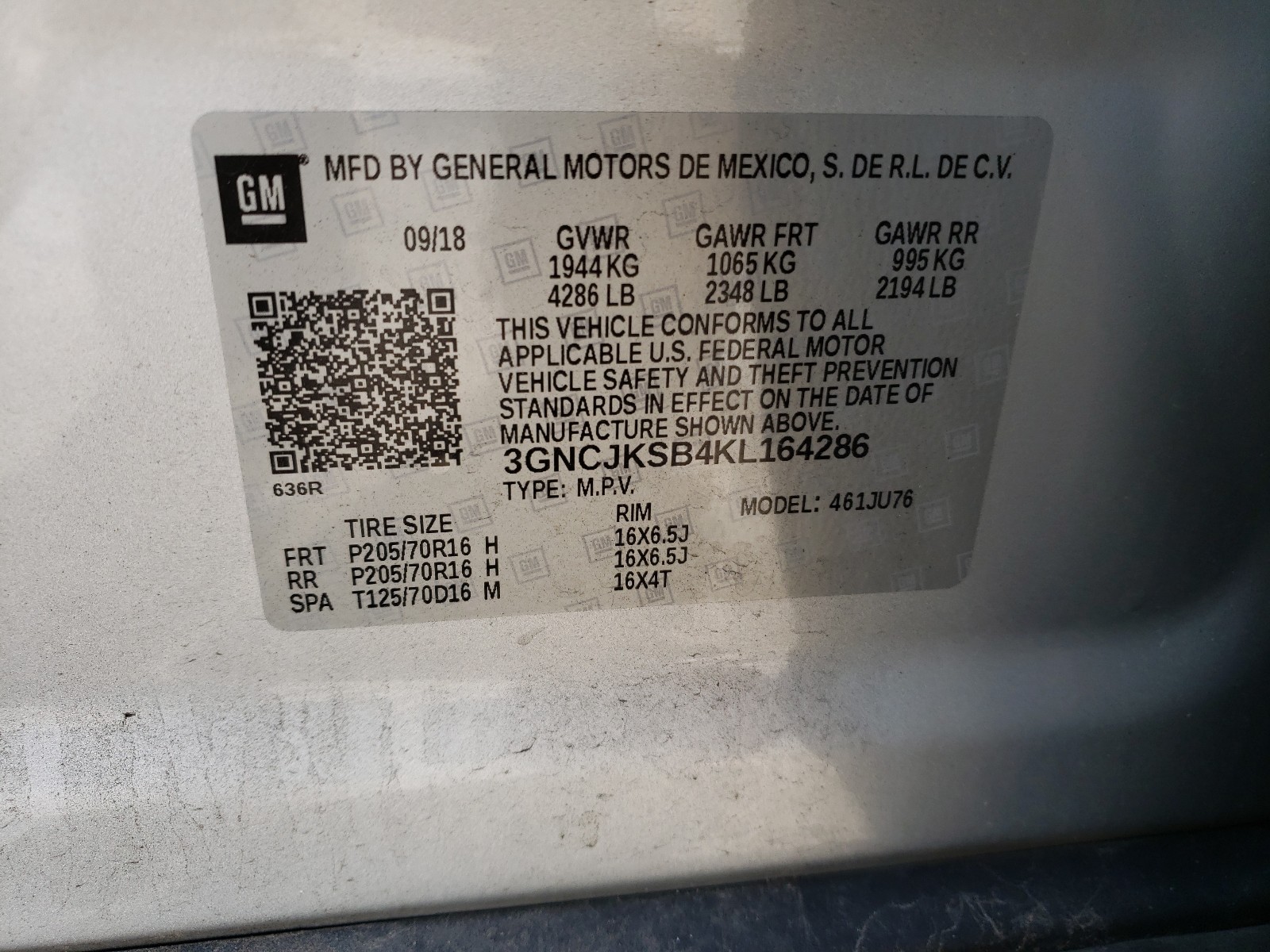 Photo 10 from auction – 2019 CHEVROLET TRAX LS with VIN 3GNCJKSB4KL164286
