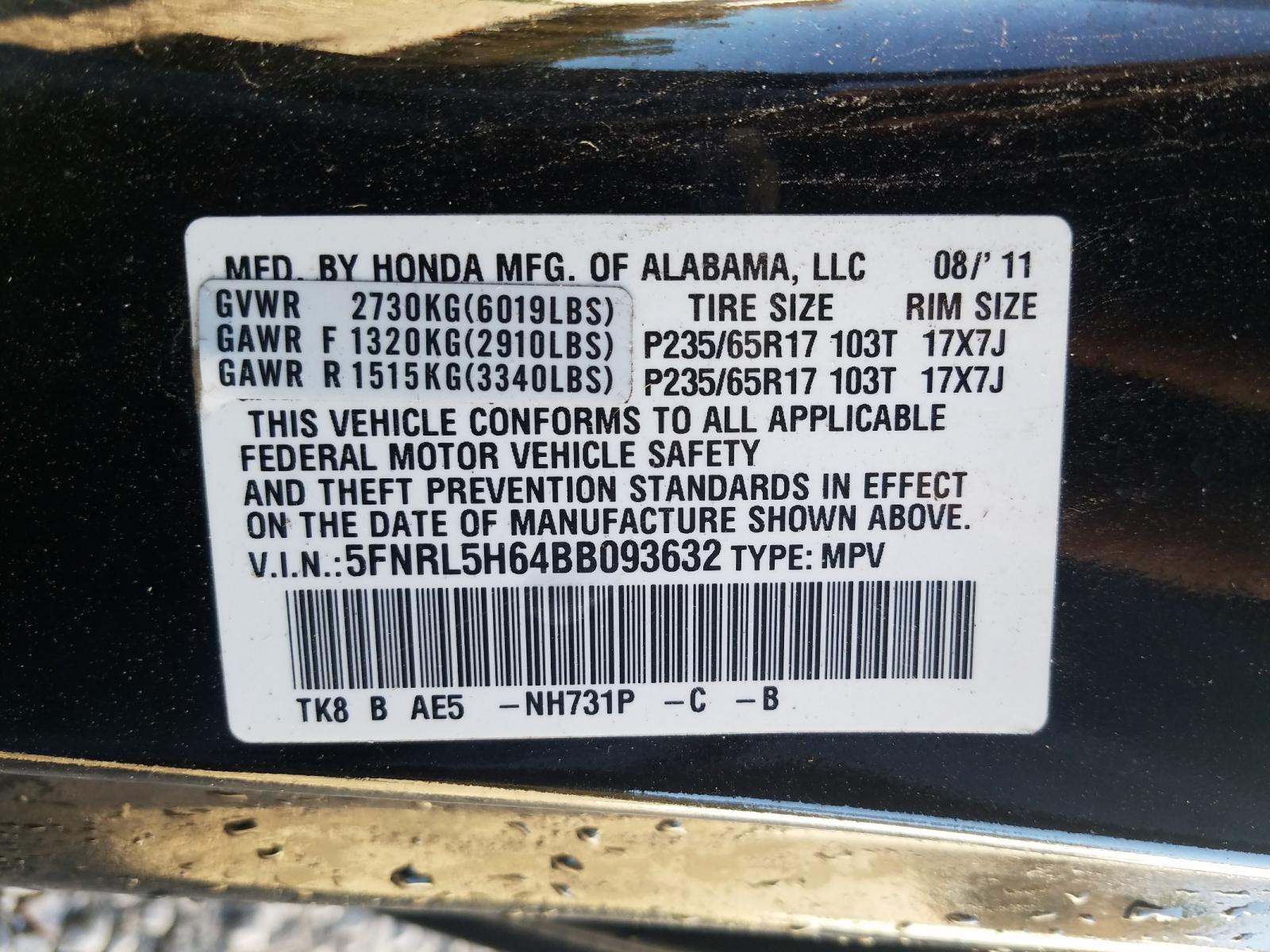 Photo 10 from auction – 2011 HONDA ODYSSEY EX with VIN 5FNRL5H64BB093632