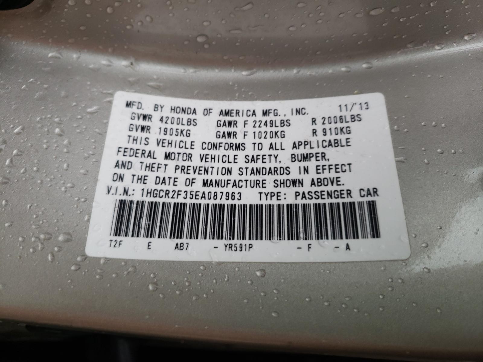 Photo 10 from auction – 2014 HONDA ACCORD LX with VIN 1HGCR2F35EA087963
