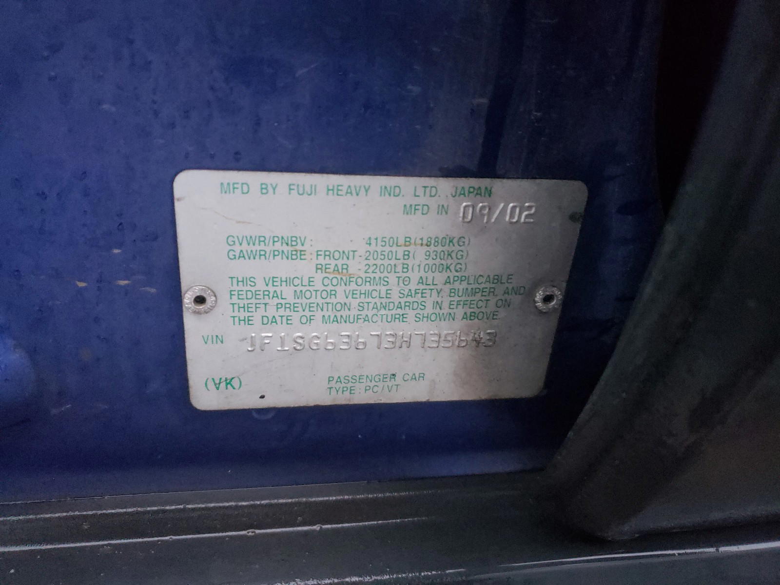 Photo 10 from auction – 2003 SUBARU FORESTER 2 with VIN JF1SG63673H735643