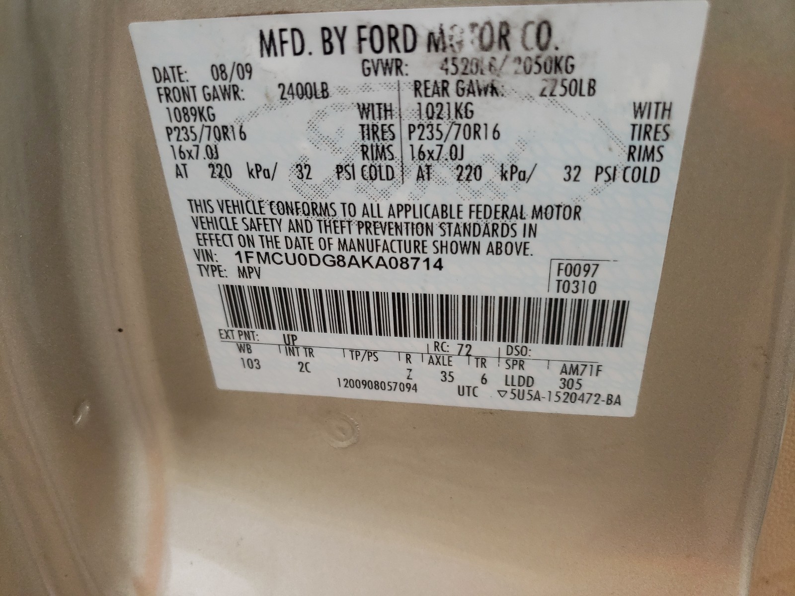 Photo 10 from auction – 2010 FORD ESCAPE XLT with VIN 1FMCU0DG8AKA08714
