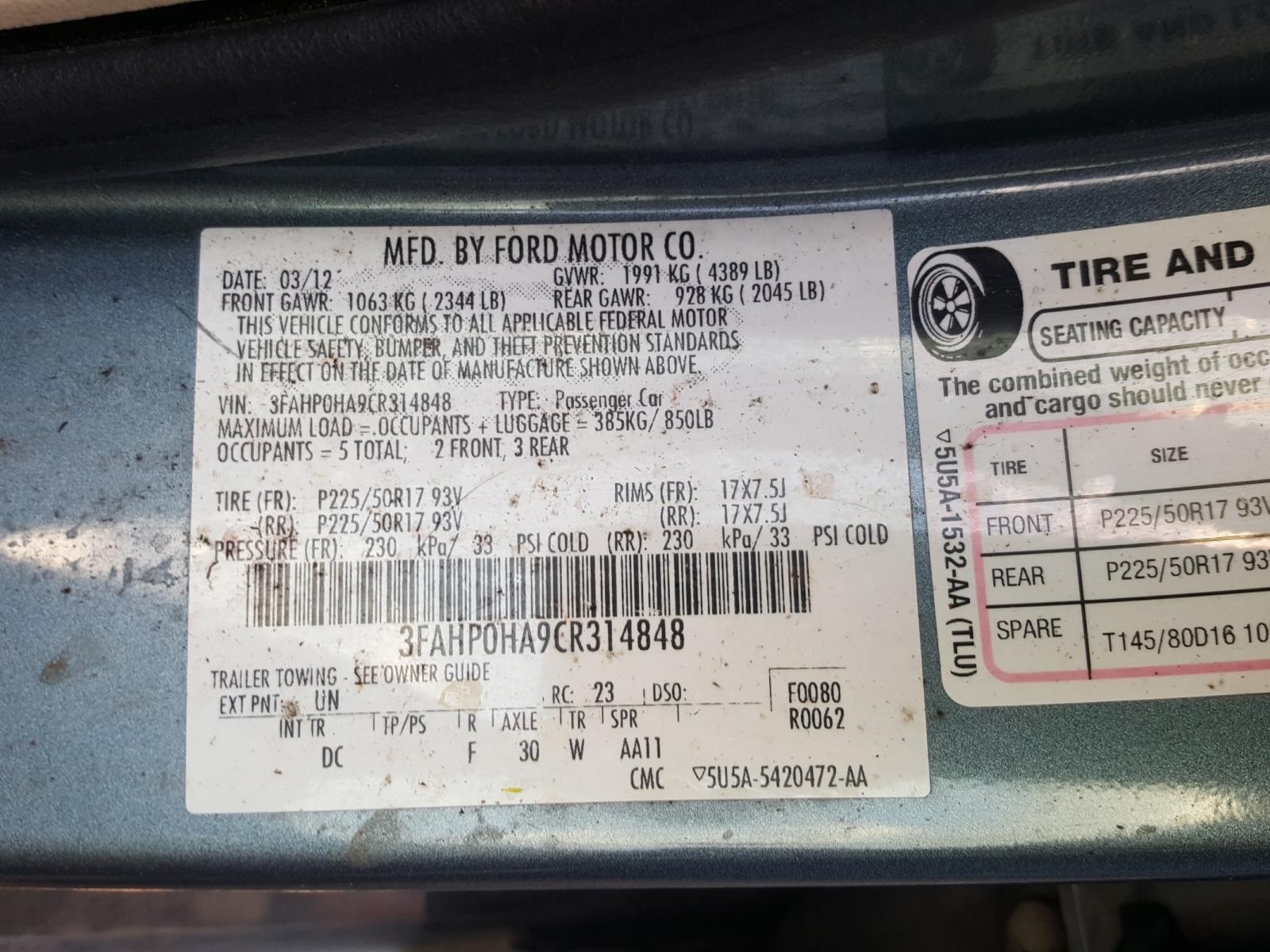 Photo 10 from auction – 2012 FORD FUSION SE with VIN 3FAHP0HA9CR314848