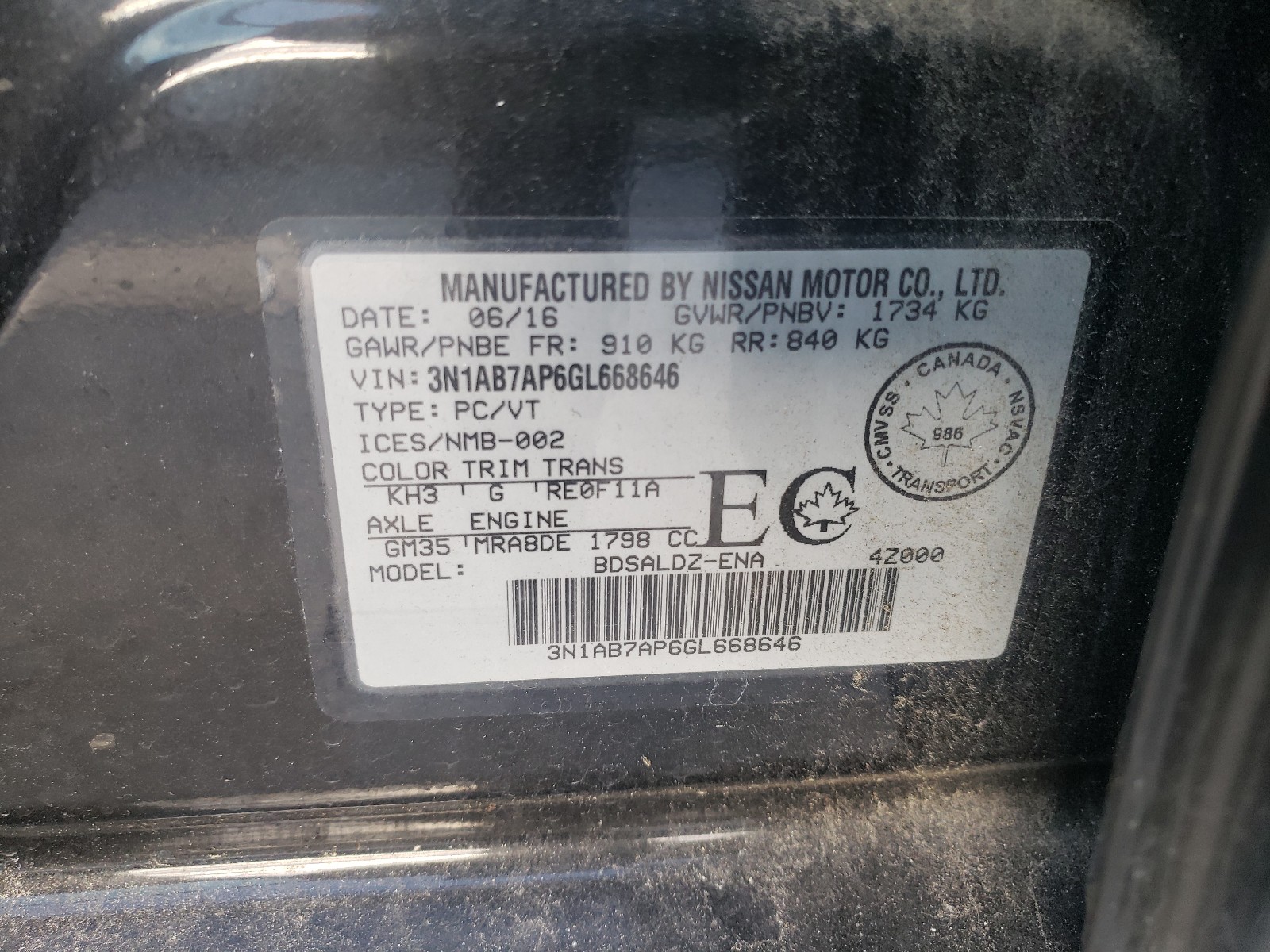 Photo 10 from auction – 2016 NISSAN SENTRA S with VIN 3N1AB7AP6GL668646