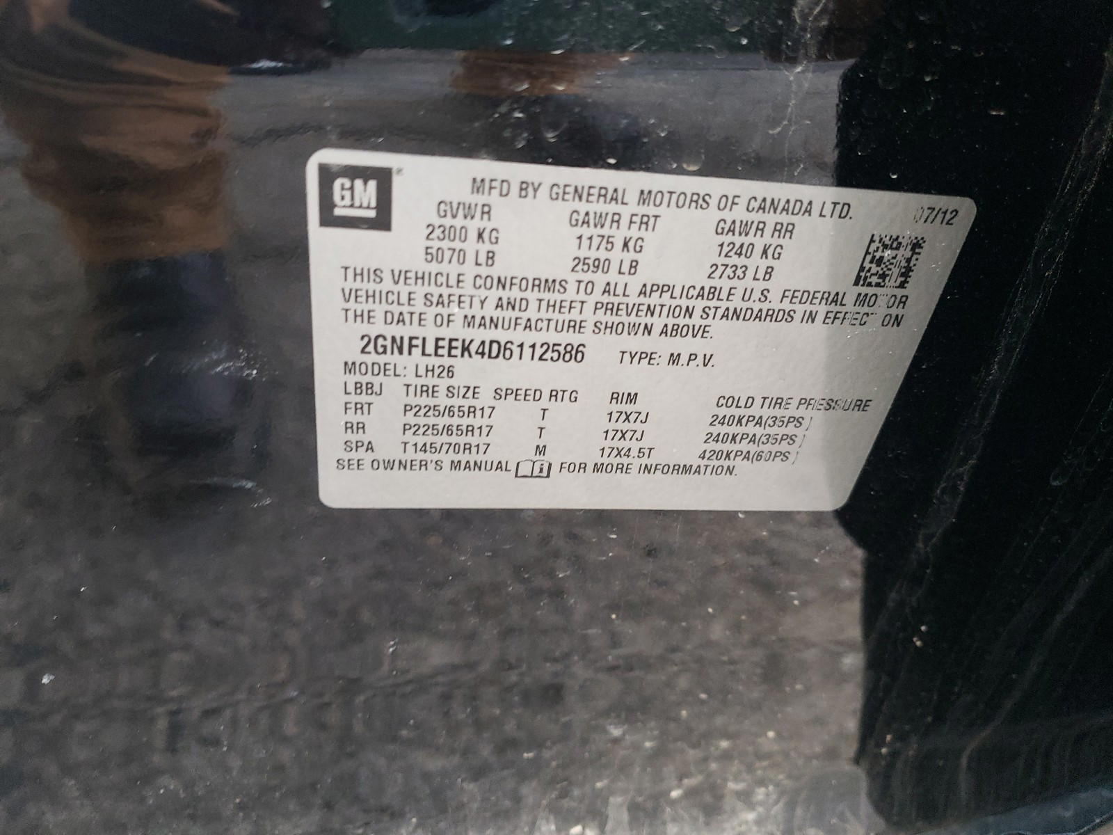 Photo 10 from auction – 2013 CHEVROLET EQUINOX LT with VIN 2GNFLEEK4D6112586
