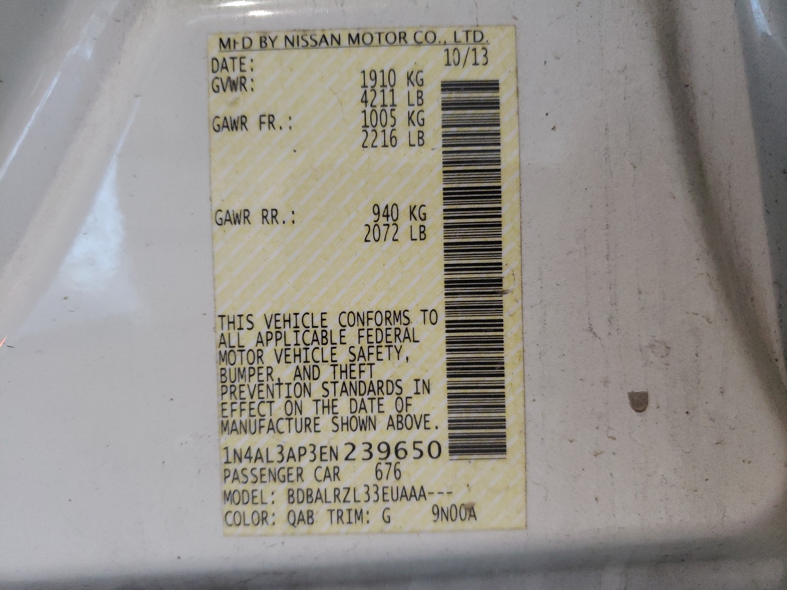 Photo 10 from auction – 2014 NISSAN ALTIMA 2.5 with VIN 1N4AL3AP3EN239650