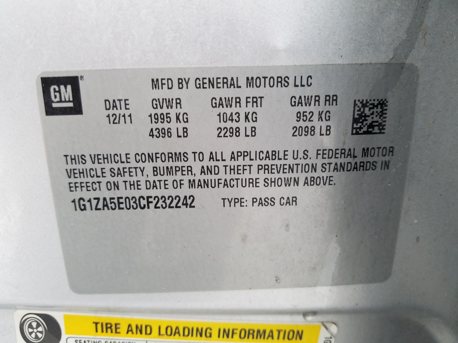 Photo 10 from auction – 2012 CHEVROLET MALIBU LS with VIN 1G1ZA5E03CF232242